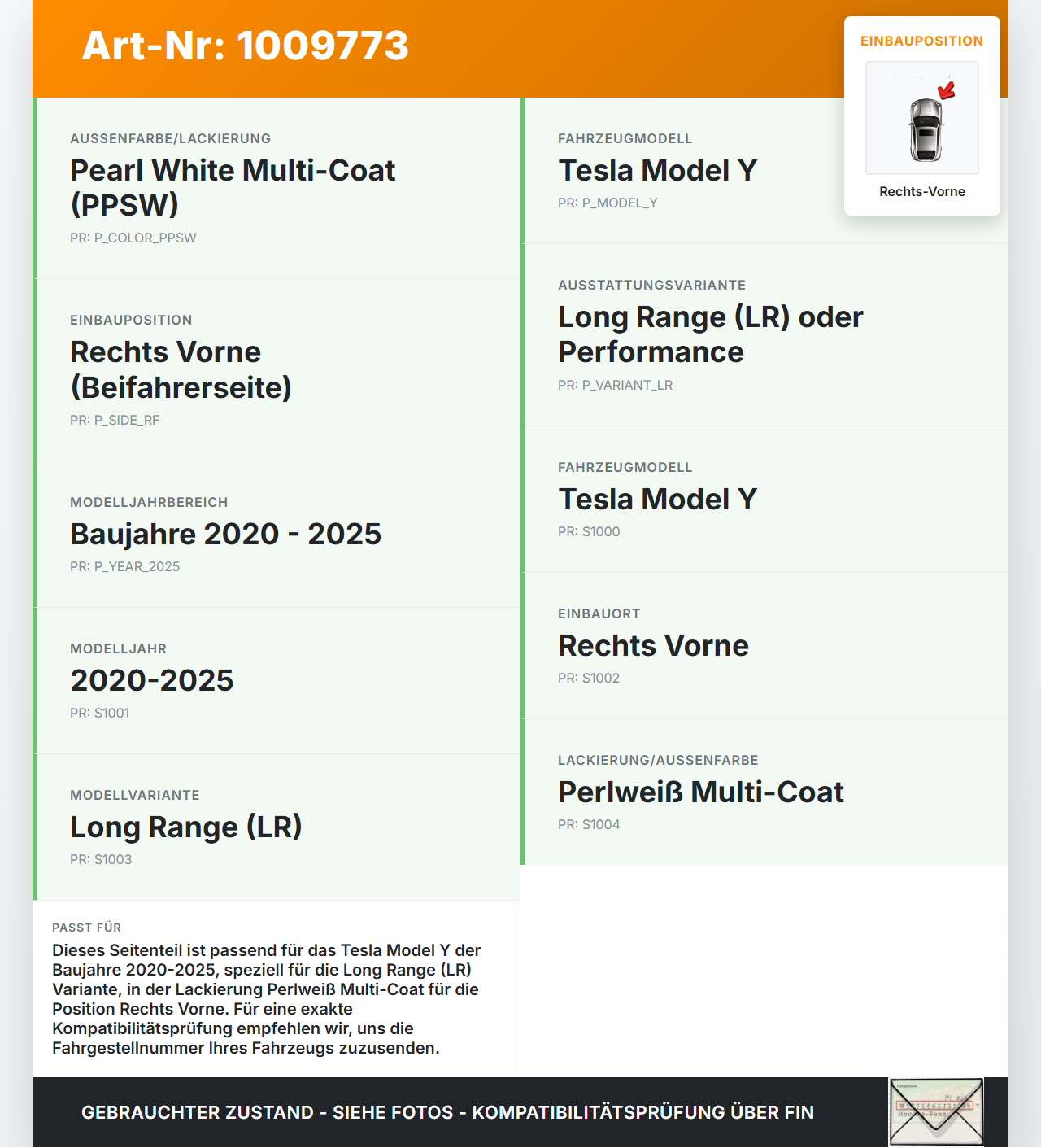 Tesla Model Y LR 20-25 5YJY Seitenteil für Kotflügel Karosserie Rechts Vorne PPSW Tesla Model Y LR 20-25 5YJY... Vorschau 3