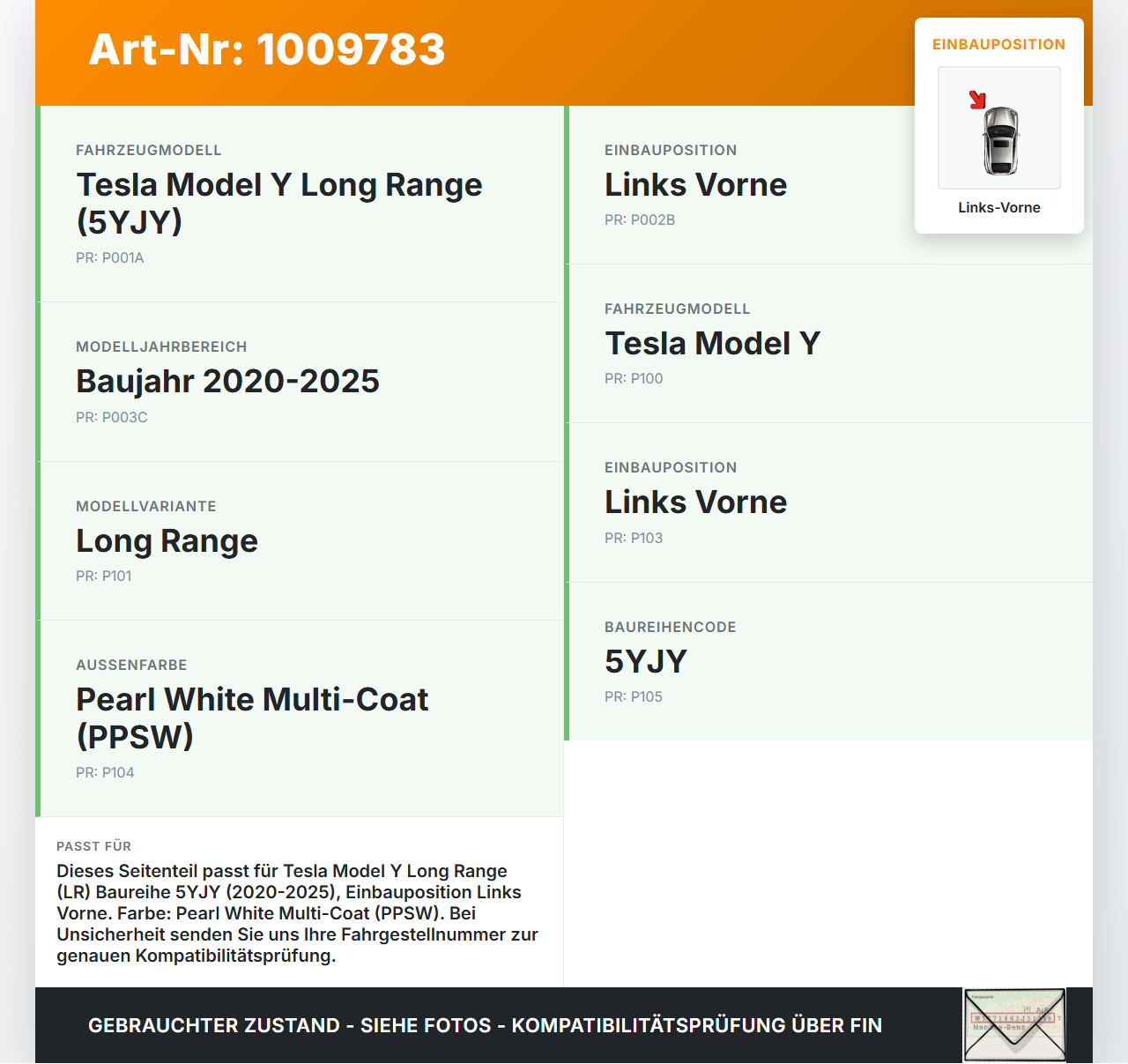 Tesla Model Y LR 20-25 5YJY Seitenteil für Kotflügel Radlaufgehäuse Karosserie Links Vorne PPSW Tesla Model Y LR... Vorschau 3