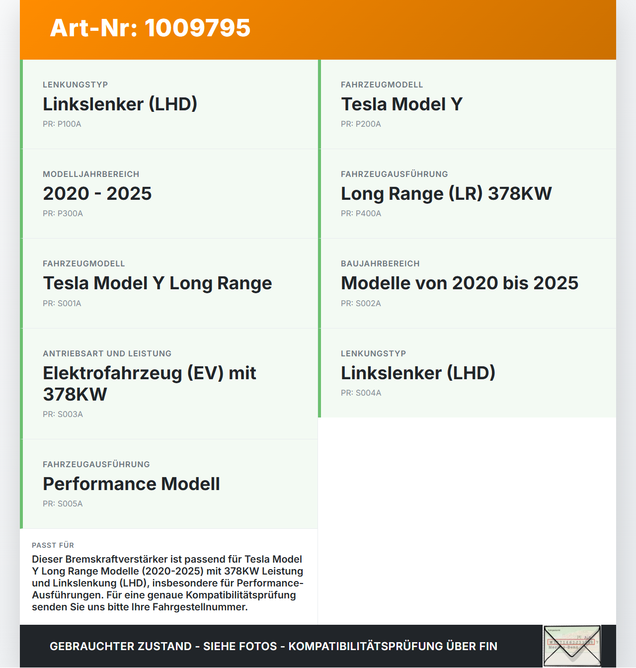 Tesla Model Y LR 20-25 5YJY  EV  378KW Bremskraftverstärker Tesla Model Y LR 20-25 5YJY 01.06.2023 1188671-50-B... Vorschau 3