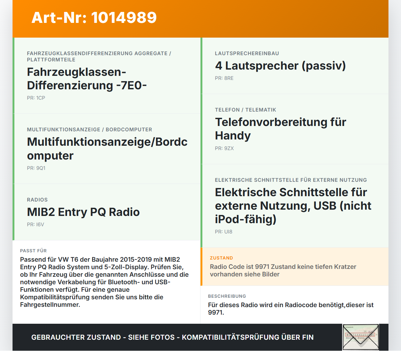 VW T6 7E 15-19 Autoradio CD-Radio 5 Zoll VW T6 7E 15-19 30.08.2016 1K8035150D gebraucht Vorschau 3
