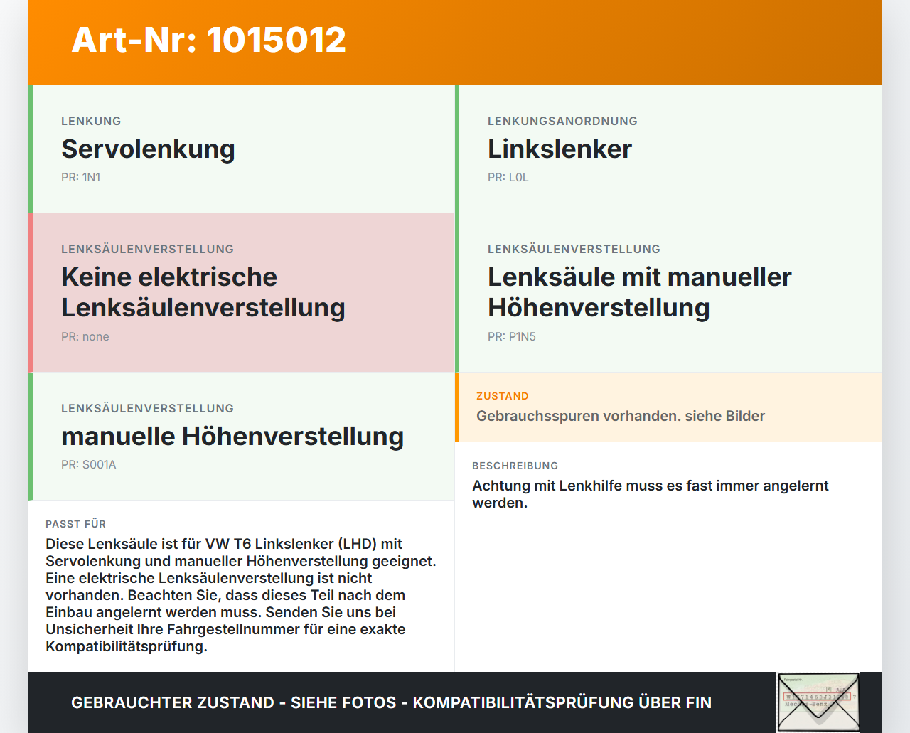 VW T6 7E 15-19 Lenksäule Höhenverstellung manuell VW T6 7E 15-19 30.08.2016 7E1419501L 7E1419501K gebraucht Vorschau 3