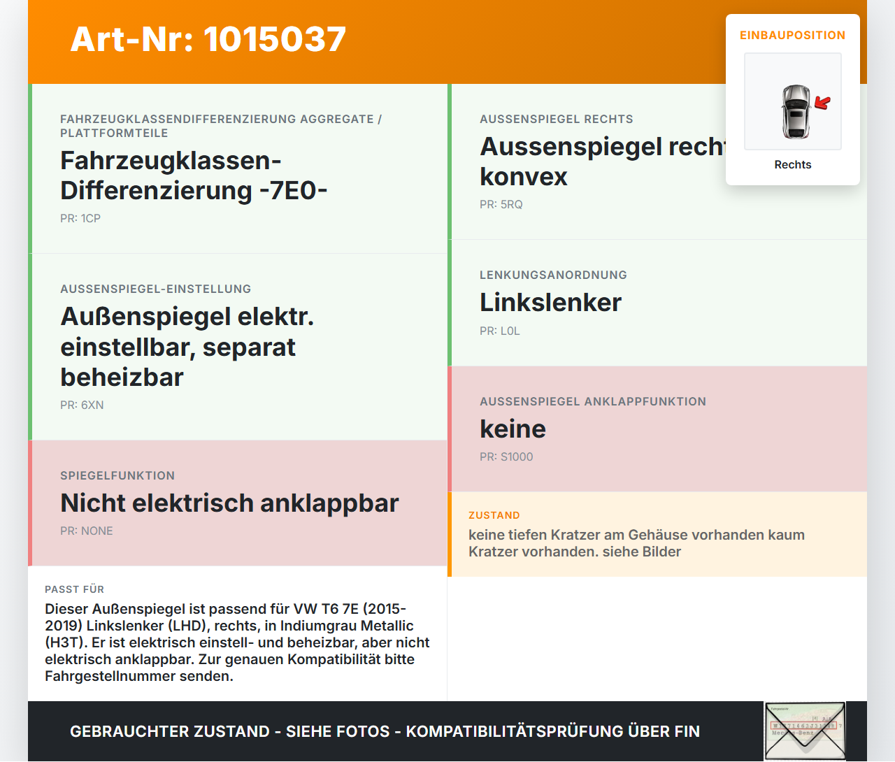 VW T6 7E 15-19 Außenspiegel Seitenspiegel Rechts LH3T VW T6 7E 15-19 30.08.2016 7E1857408Q 7E1857507A9B9 7E1857507A... Vorschau 3