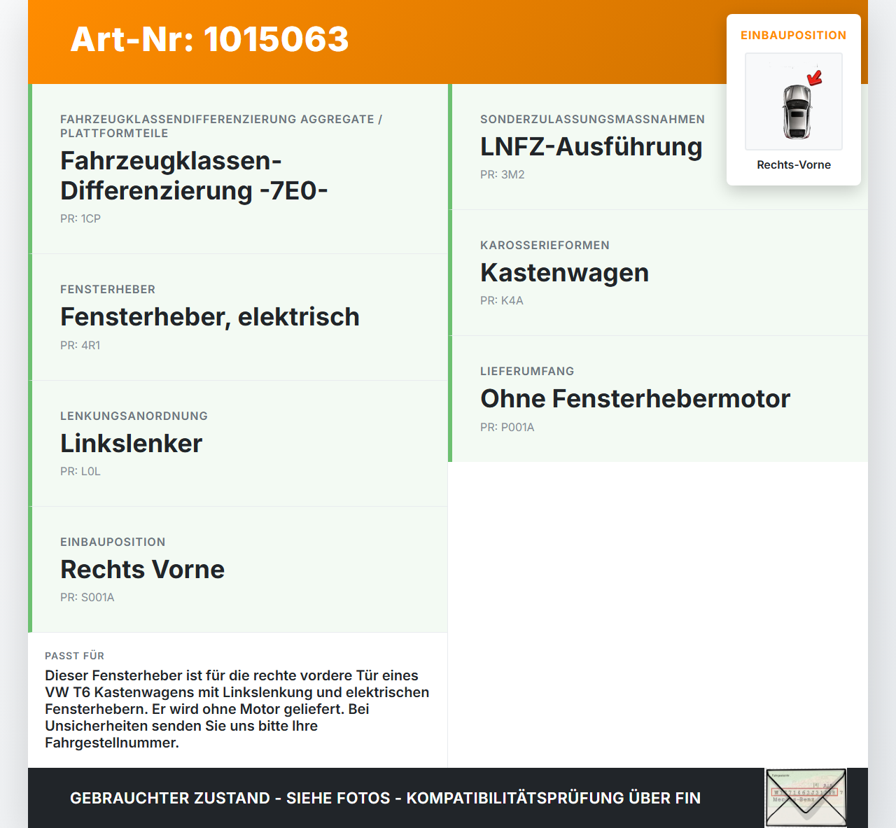 VW T6 7E 15-19 Kasten Fensterheber o. FH-Motor Rechts Vorne VW T6 7E 15-19 30.08.2016 7E0837754D gebraucht Vorschau 3