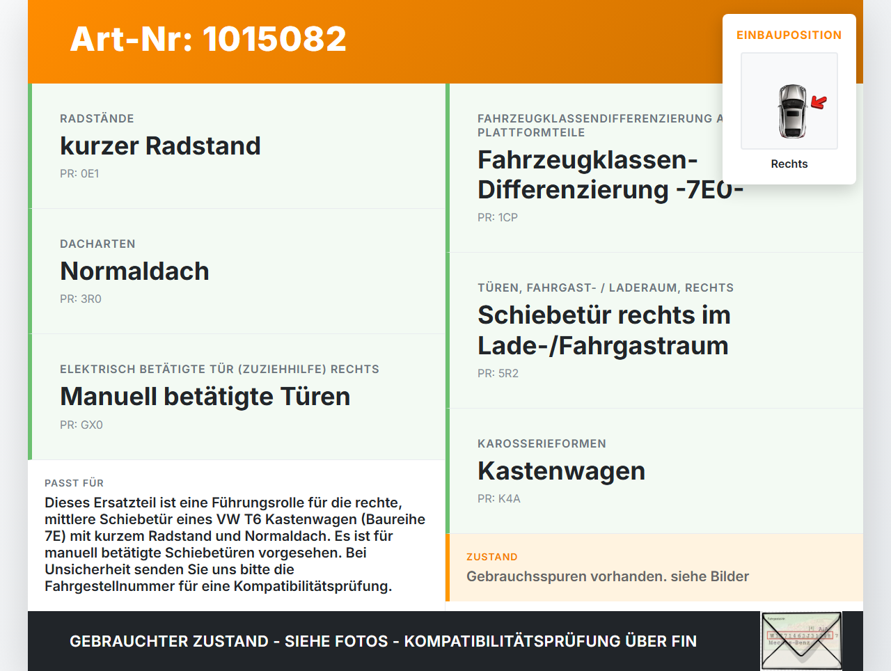 VW T6 7E 15-19 Kasten Führungsrolle f. Schiebetür Rechts Mitte VW T6 7E 15-19 30.08.2016 7E0843336A 7H0843336C gebraucht Vorschau 3