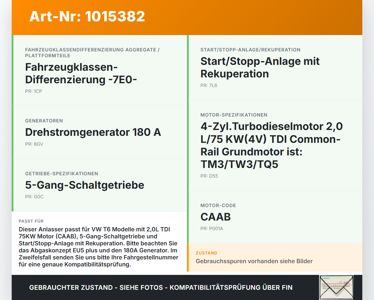 VW T6 7E 15-19 TDI 2,0 75KW Anlasser Starter VW T6 7E 15-19 30.08.2016 02Z911024H 0001153007 gebraucht Vorschau 3