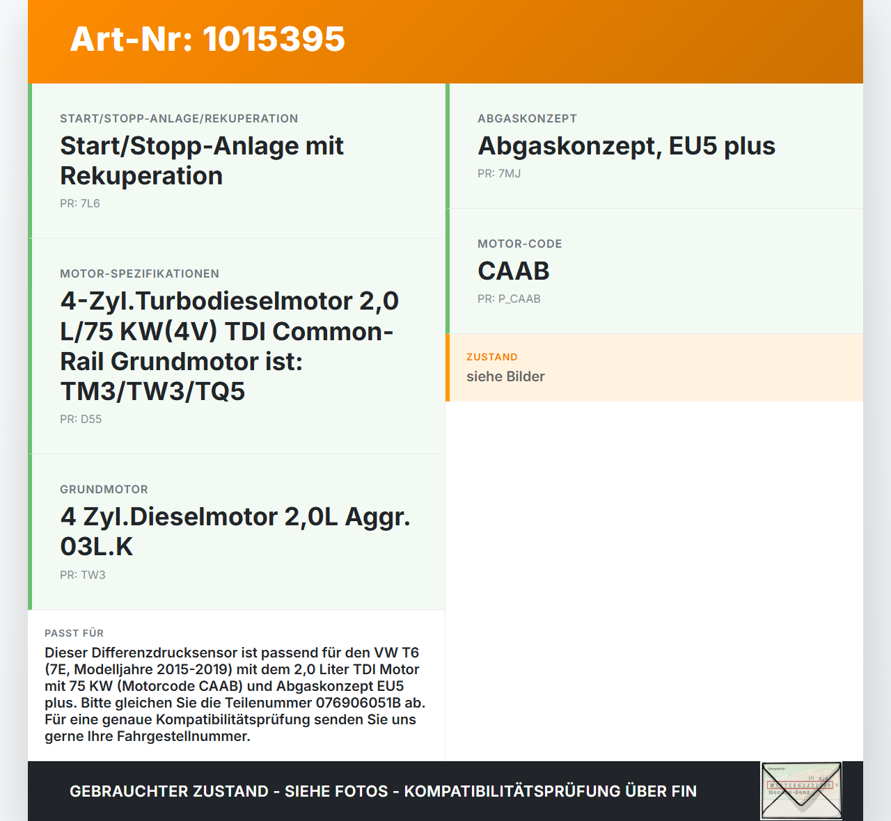 VW T6 7E 15-19 TDI 2,0 75KW Sensor Differenzdrucksensor VW T6 7E 15-19 30.08.2016 076906051B 51MPP02-03 gebraucht Vorschau 3