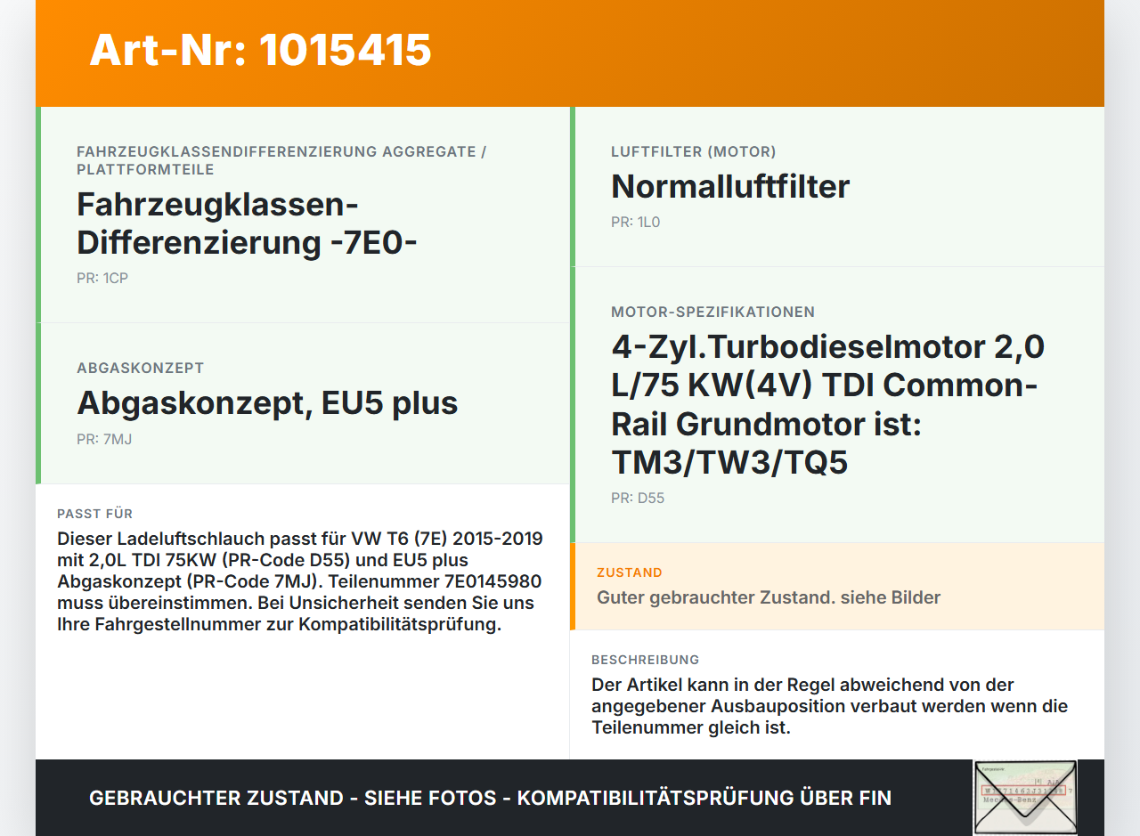 VW T6 7E 15-19 TDI 2,0 75KW Ansaugrohr Ladeluftschlauch Luftschlauch Pos.1 VW T6 7E 15-19 30.08.2016 7E0145980 gebraucht Vorschau 3