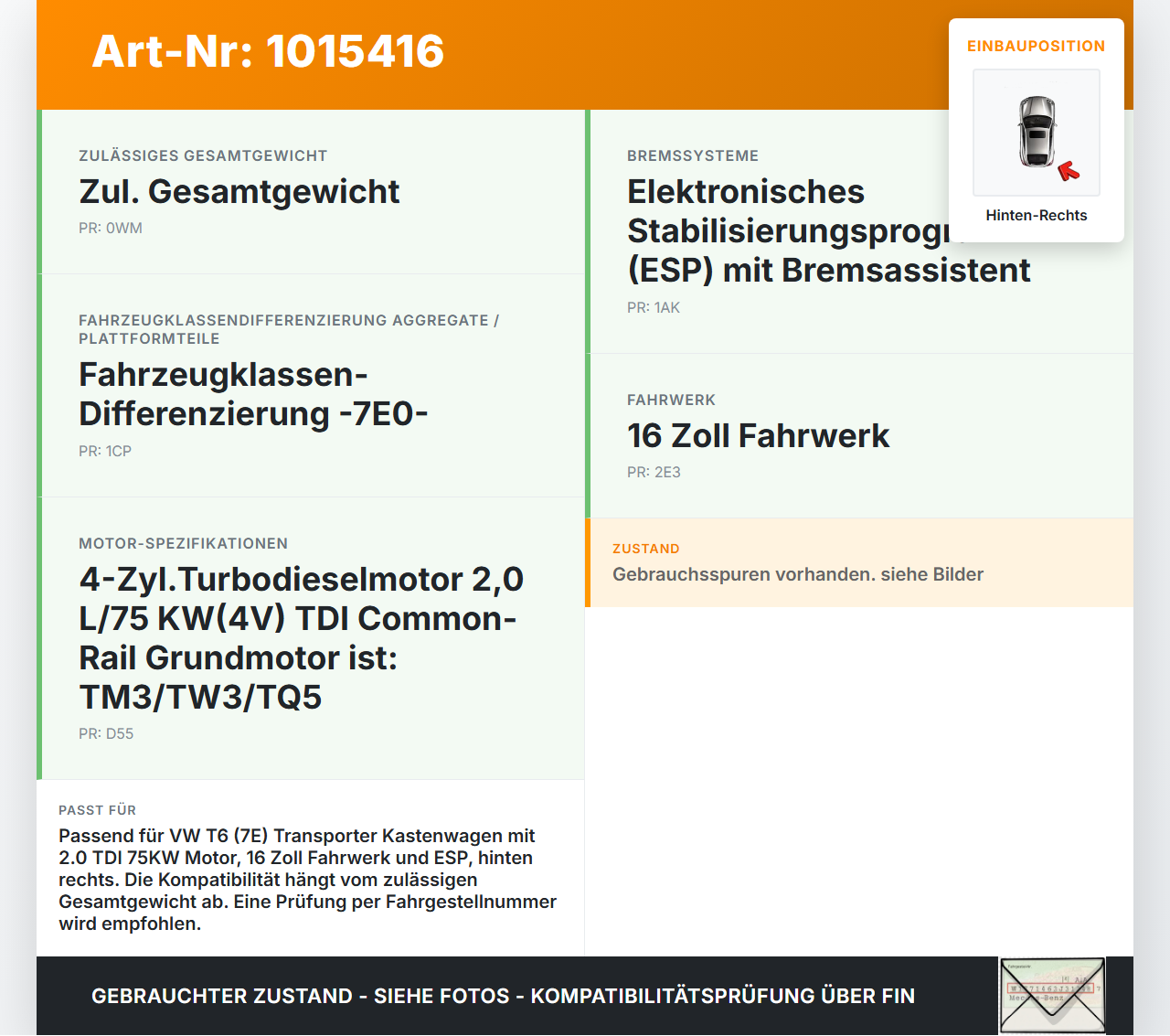 VW T6 7E 15-19 TDI 2,0 75KW Bremssattel Bremszange Hinten Rechts VW T6 7E 15-19 30.08.2016 7H0615424A gebraucht Vorschau 3