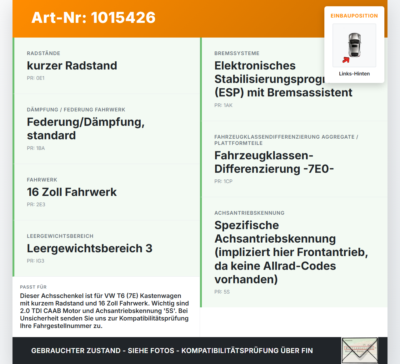 VW T6 7E 15-19 TDI 2,0 75KW Achsschenkel Radnabe Links Hinten VW T6 7E 15-19 30.08.2016 7E0501071 gebraucht Vorschau 3