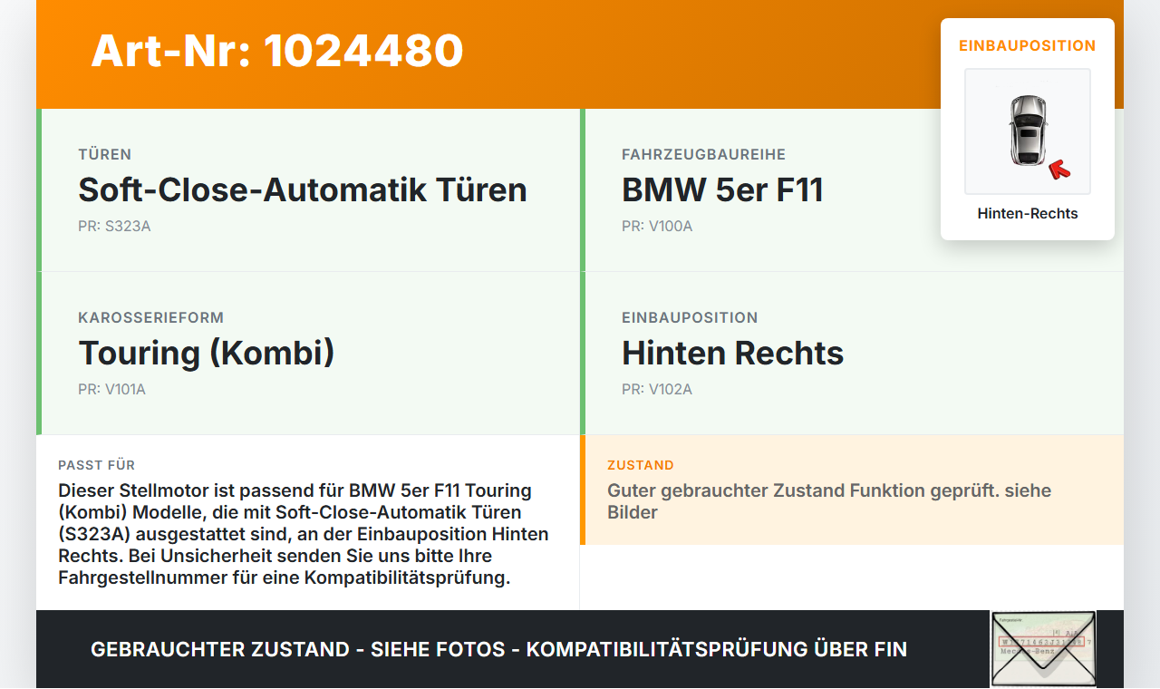 BMW F11 525d 10-14 Kombi Zuziehhilfe Soft Close Stellmotor Tür Hinten Rechts BMW F11 525d 10-14 04.04.2013 9128043... Vorschau 3