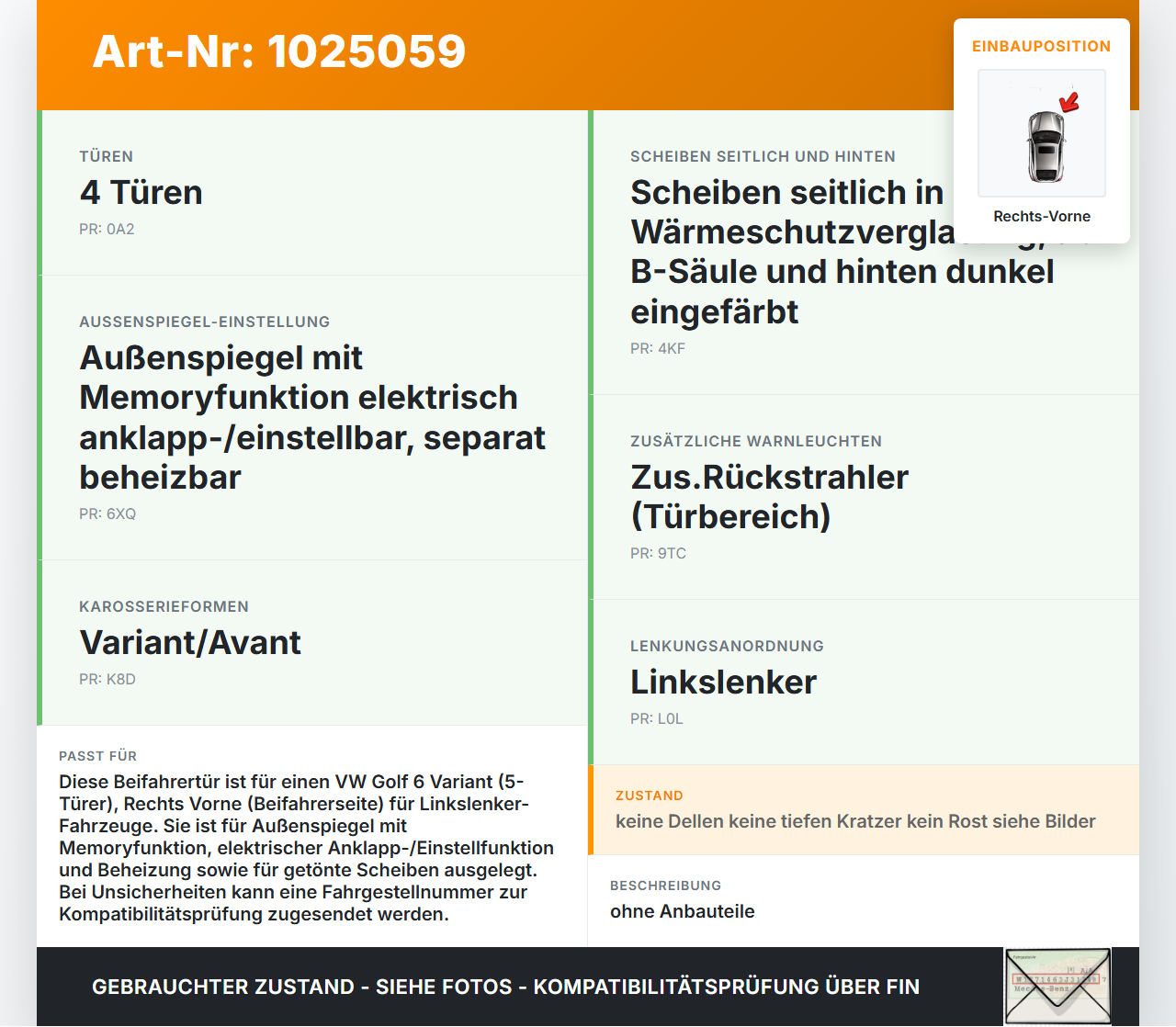 VW Golf 6 VI 5K 08-12 Kombi Tür Beifahrertür Rechts Vorne LA7W VW Golf 6 VI 5K 08-12 14.07.2011 1K5831106F gebraucht Vorschau 3