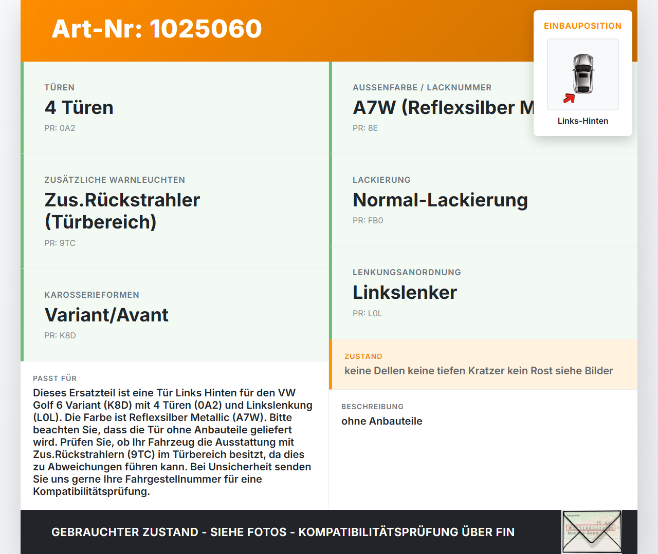 VW Golf 6 VI 5K 08-12 Kombi Tür Links Hinten LA7W VW Golf 6 VI 5K 08-12 14.07.2011 1K9833055 gebraucht Vorschau 3