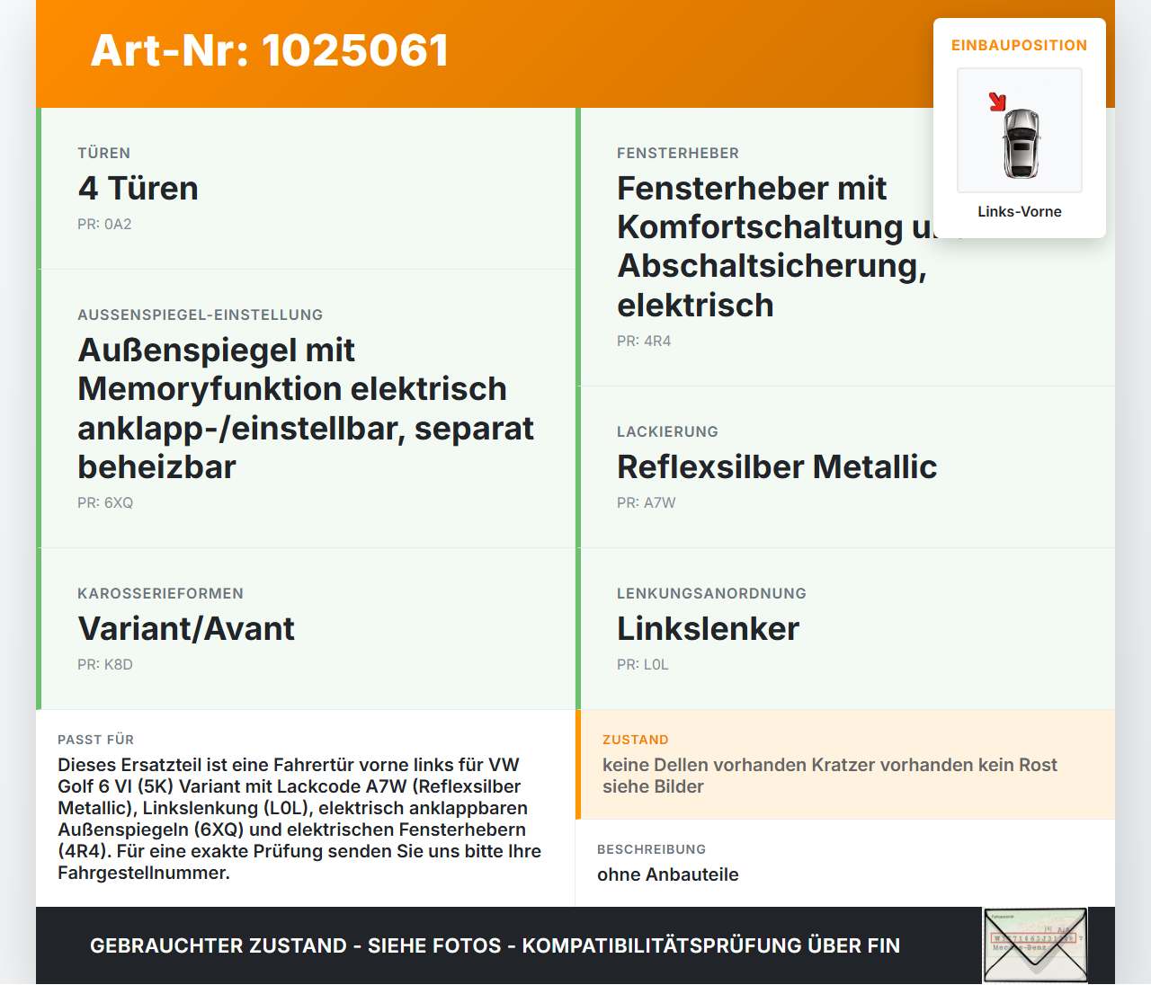 VW Golf 6 VI 5K 08-12 Kombi Tür Fahrertür Links Vorne LA7W VW Golf 6 VI 5K 08-12 14.07.2011 1K5831105F gebraucht Vorschau 3