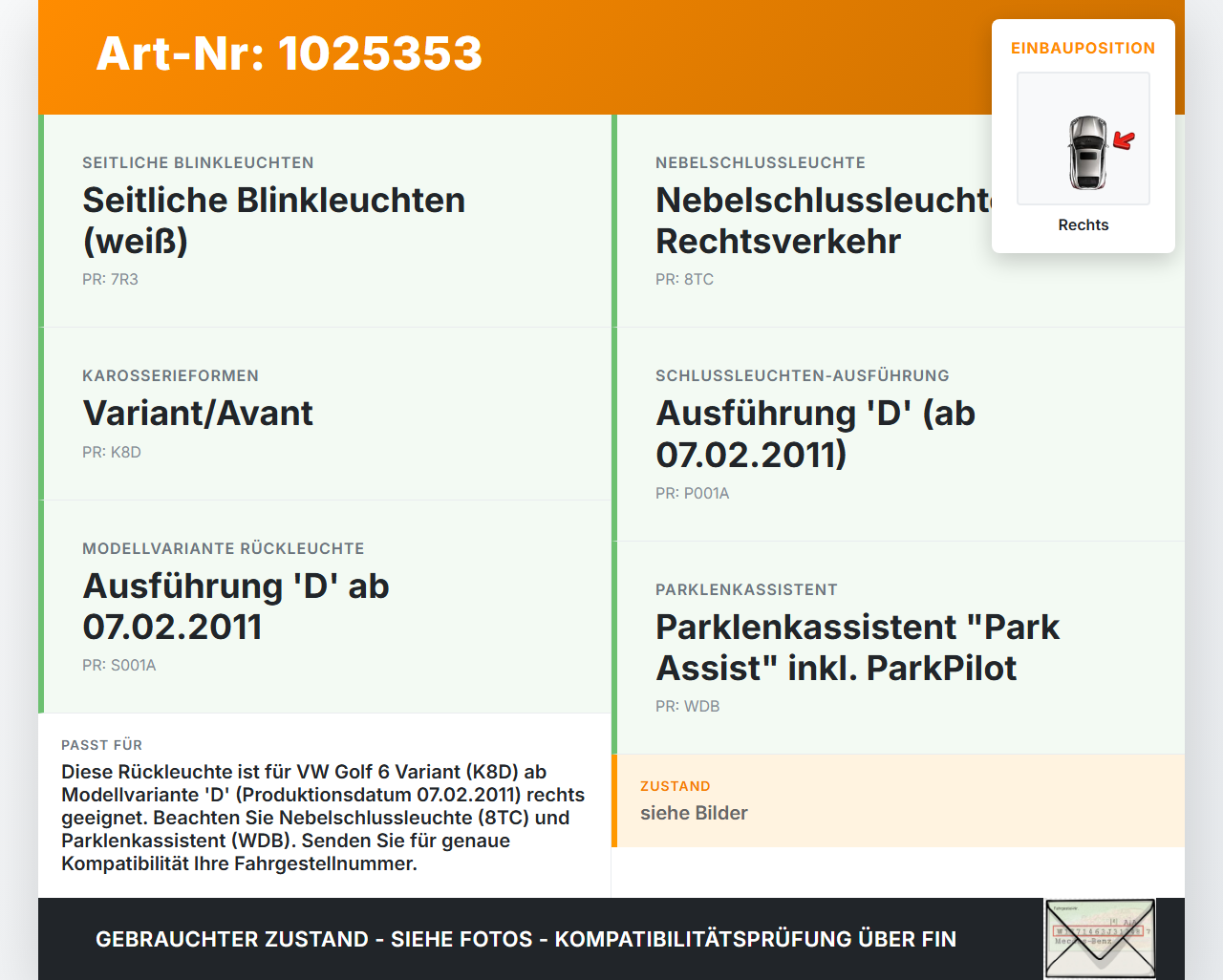 VW Golf 6 VI 5K 08-12 Kombi Rückleuchte Rücklicht Heckleuchte Rechts orig VW Golf 6 VI 5K 08-12 14.07.2011... Vorschau 3
