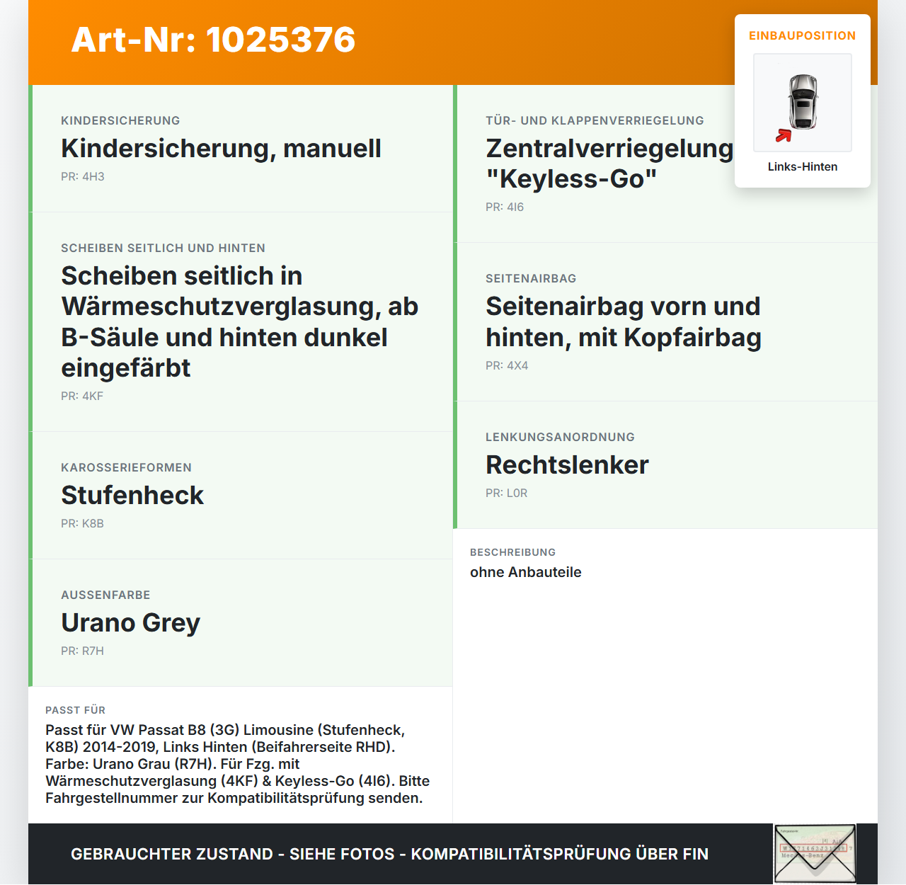VW Passat B8 3G 14-19 Lim Tür Links Hinten LR7H VW Passat B8 3G 14-19 20.07.2015 3G5833055AC gebraucht Vorschau 3