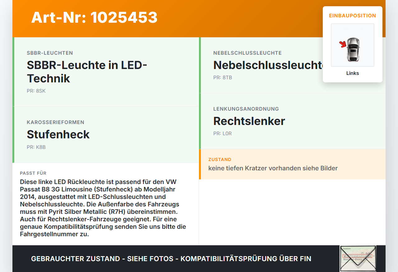 VW Passat B8 3G 14-19 Lim LED Rückleuchte Rücklicht Heckleuchte Links orig VW Passat B8 3G 14-19 20.07.2015... Vorschau 3