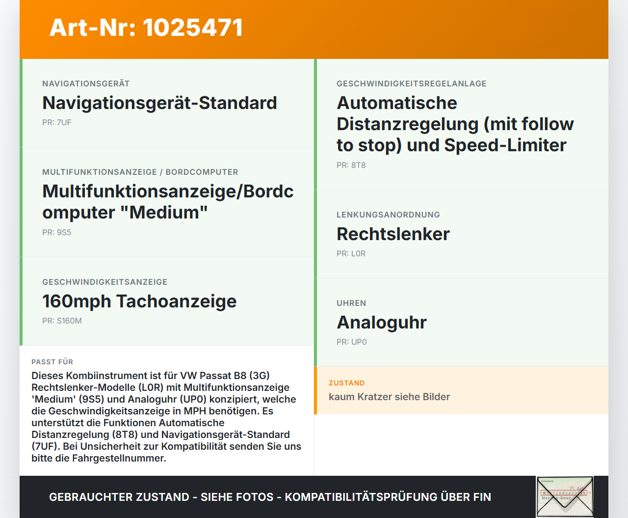 VW Passat B8 3G 14-19 TDI 1,6 88KW Tacho Kombiinstrument VW Passat B8 3G 14-19 20.07.2015 3G0920941A gebraucht Vorschau 3