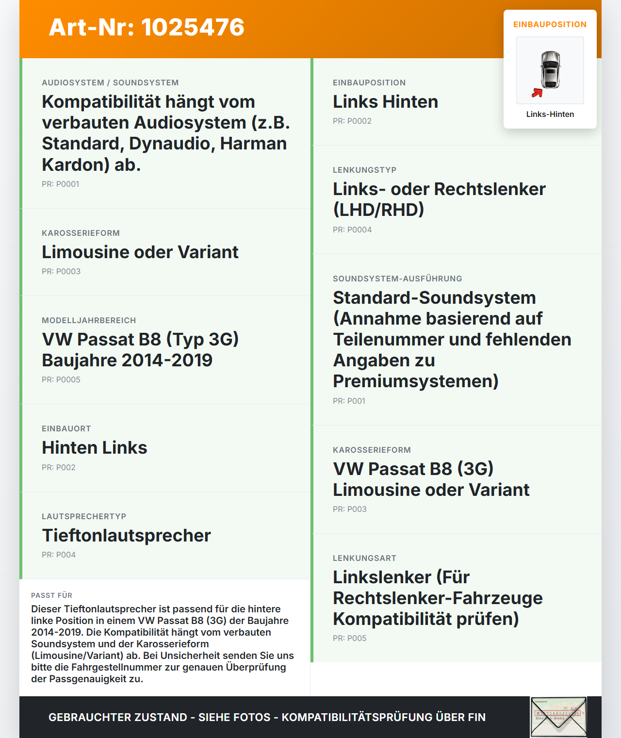VW Passat B8 3G 14-19 Lautsprecher Links Hinten VW Passat B8 3G 14-19 20.07.2015 3G0035453 gebraucht Vorschau 3