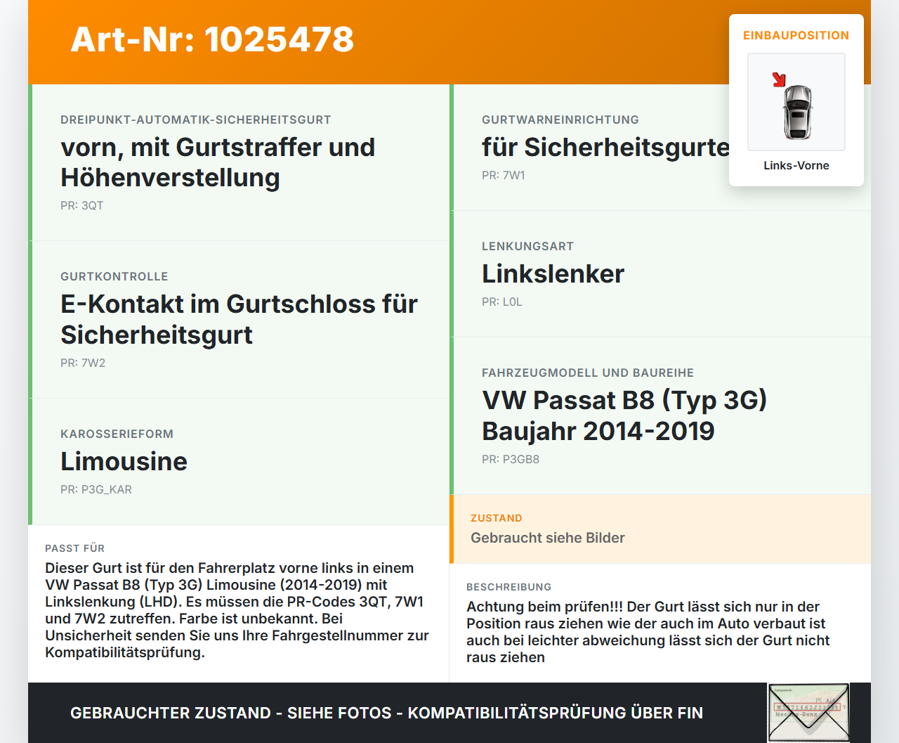 VW Passat B8 3G 14-19 Lim Gurt Sicherheitsgurt m. Gurtstraffer für Fahrer Links Vorne VW Passat B8 3G 14-19... Vorschau 3