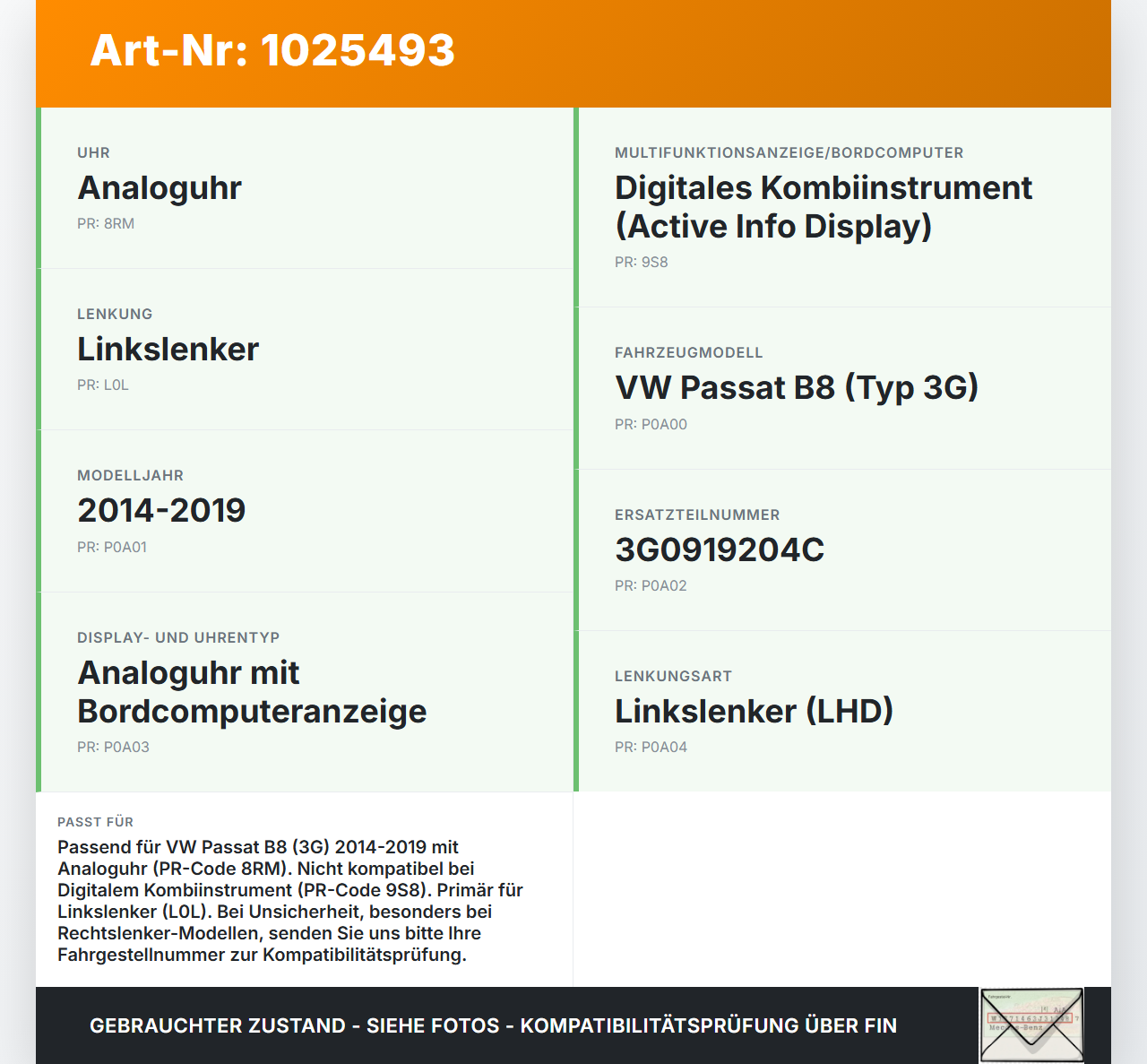 VW Passat B8 3G 14-19 Bordcomputer Uhr Display Monitor VW Passat B8 3G 14-19 20.07.2015 3G0919204C 2545630-08 gebraucht Vorschau 3