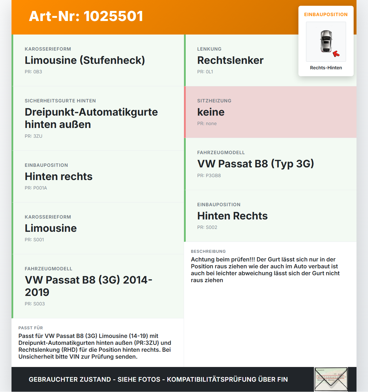 VW Passat B8 3G 14-19 Lim Gurt Sicherheitsgurt Rechts Hinten VW Passat B8 3G 14-19 20.07.2015 3G5857805ERAA... Vorschau 3