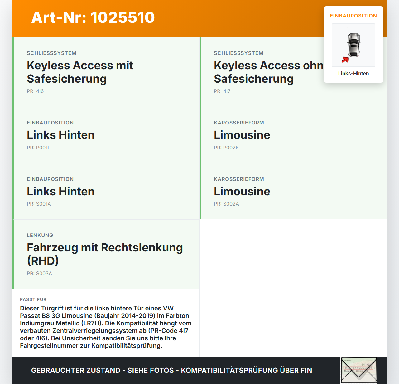 VW Passat B8 3G 14-19 Lim Türgriff Griff aussen Links Hinten LR7H VW Passat B8 3G 14-19 20.07.2015 3G0839167 gebraucht Vorschau 3