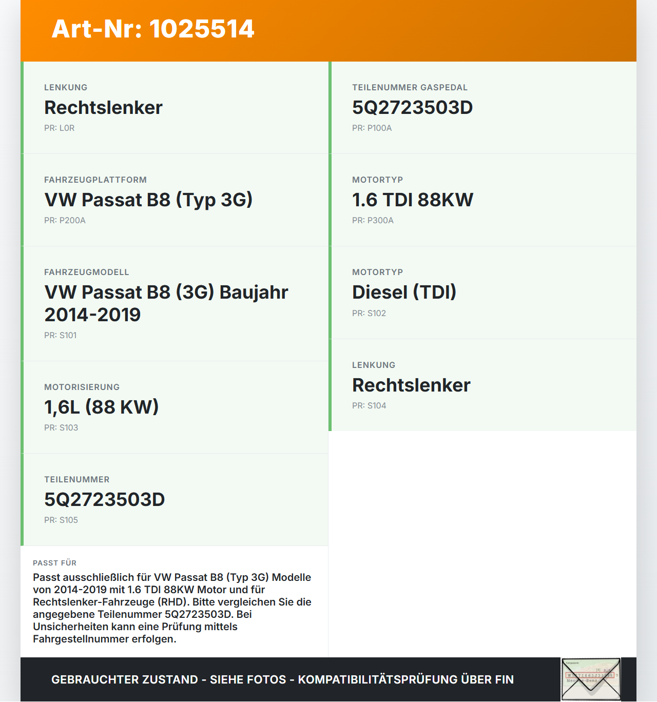 VW Passat B8 3G 14-19 TDI 1,6 88KW Gaswertgeber Gaspedal VW Passat B8 3G 14-19 20.07.2015 5Q2723503D 6PV01062105... Vorschau 3