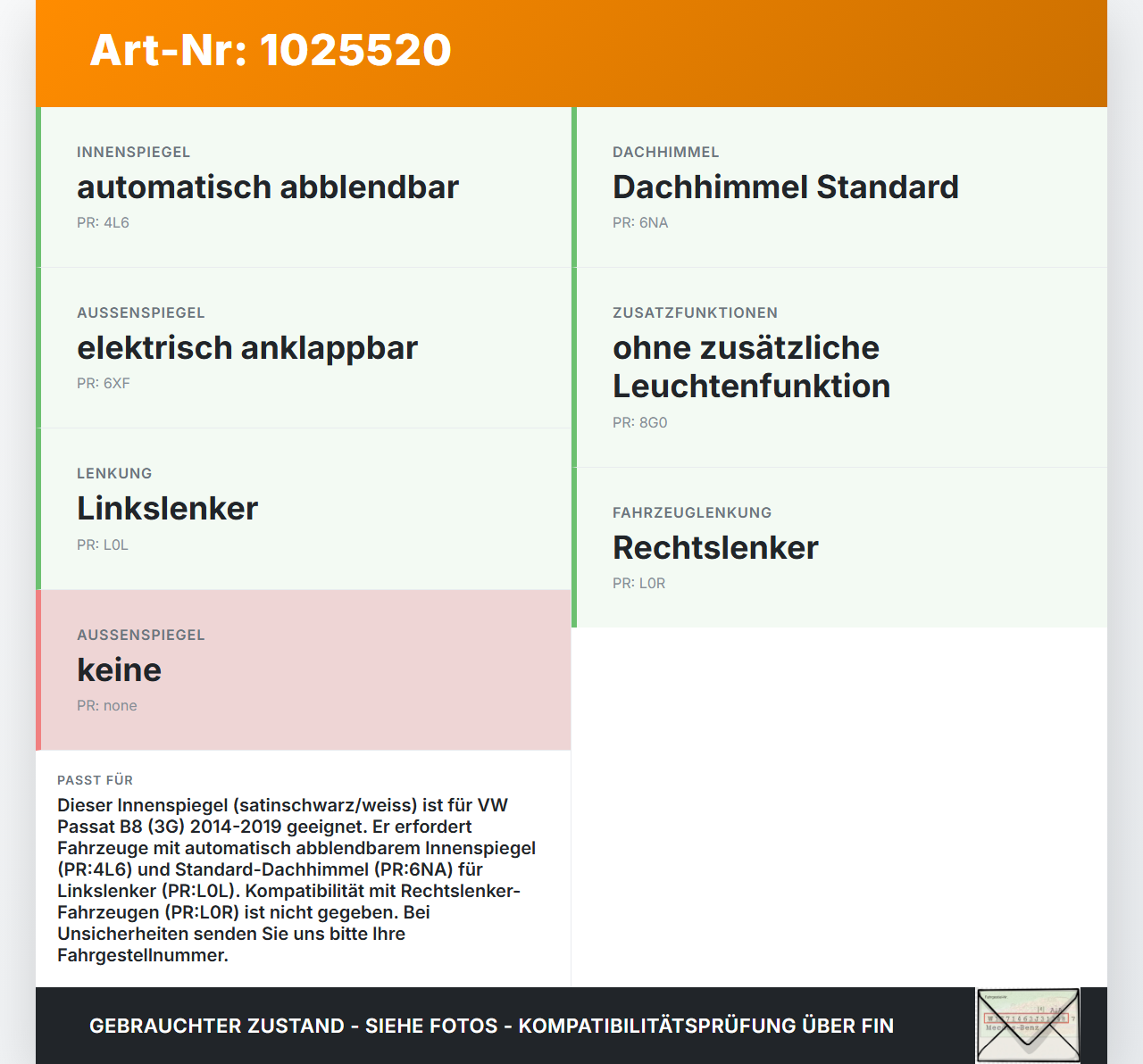 VW Passat B8 3G 14-19 Innenspiegel Rückspiegel Spiegel Innen VW Passat B8 3G 14-19 20.07.2015 905-4362 3G0857511AF... Vorschau 3