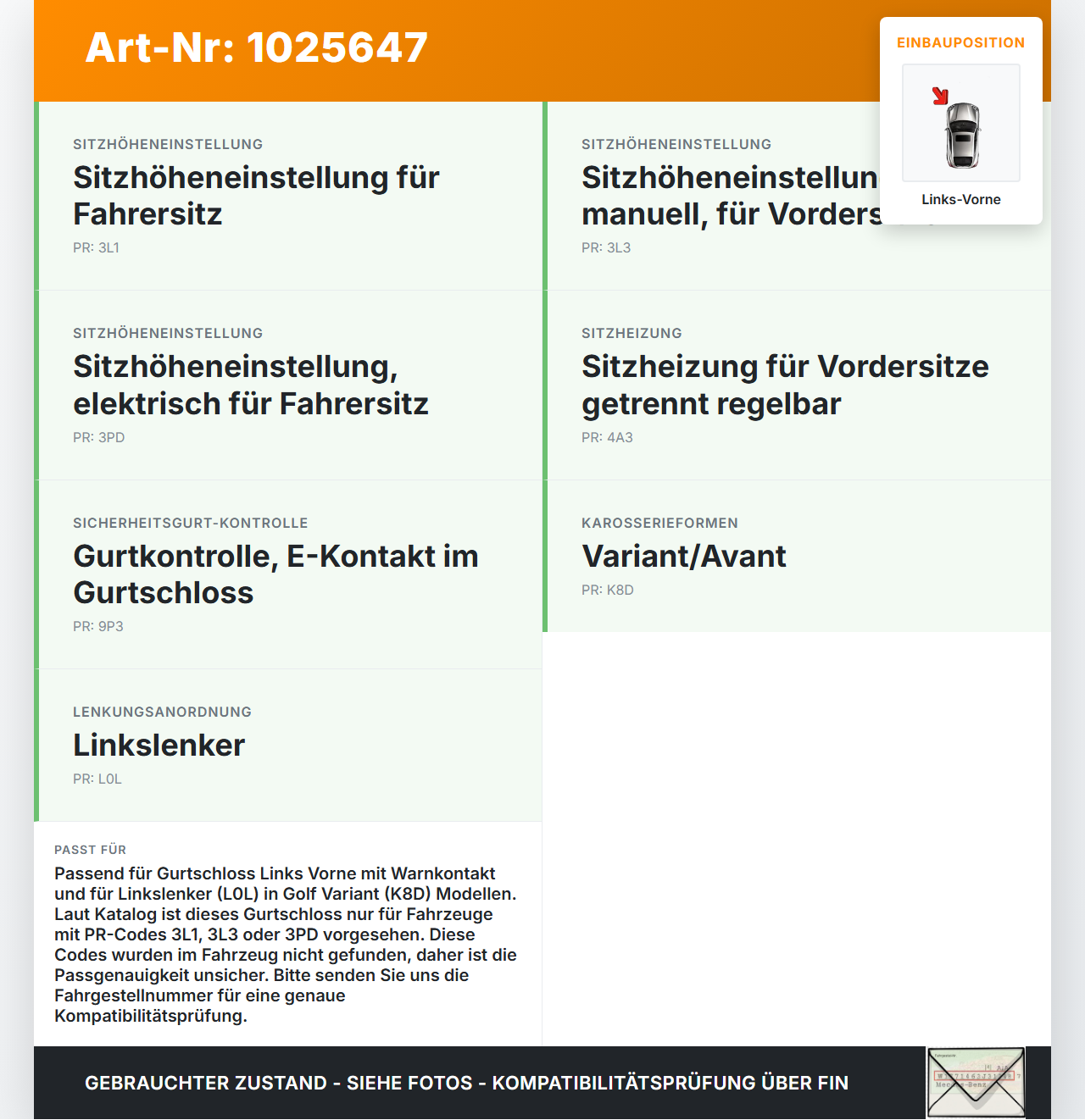 VW Golf 6 VI 5K 08-12 Kombi Gurtschloss Links Vorne VW Golf 6 VI 5K 08-12 14.07.2011 1K4857755M 1K4857755MQVZ gebraucht Vorschau 3