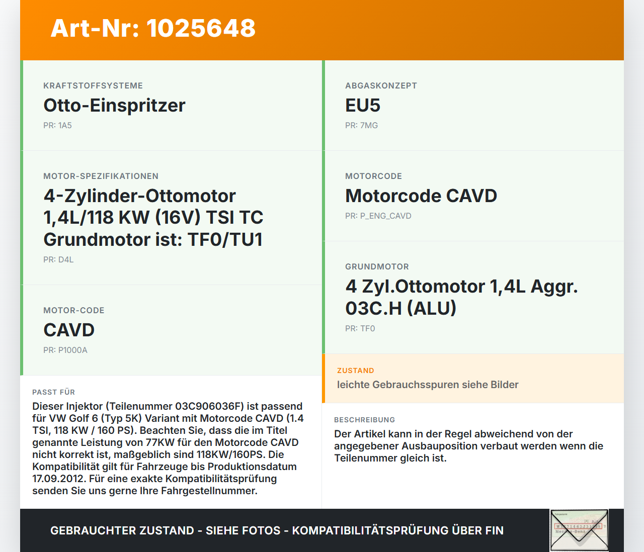 VW Golf 6 VI 5K 08-12 TSI 1,4 77KW Injektor Einspritzdüse Zyl.3 VW Golf 6 VI 5K 08-12 14.07.2011 03C906036F IHP072... Vorschau 3