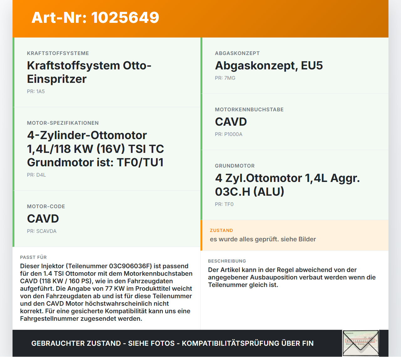 VW Golf 6 VI 5K 08-12 TSI 1,4 77KW Injektor Einspritzdüse Zyl.1 VW Golf 6 VI 5K 08-12 14.07.2011 03C906036F IHP072... Vorschau 3