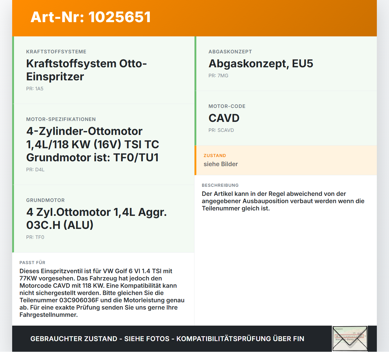 VW Golf 6 VI 5K 08-12 TSI 1,4 77KW Injektor Einspritzdüse Zyl.2 VW Golf 6 VI 5K 08-12 14.07.2011 03C906036F IHP072... Vorschau 3