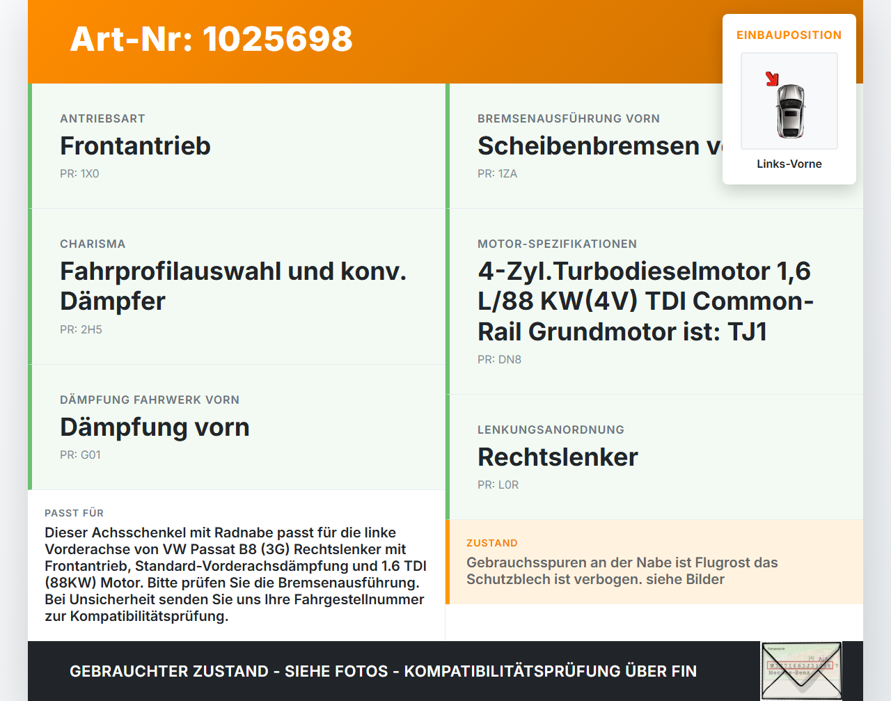 VW Passat B8 3G 14-19 TDI 1,6 88KW Achsschenkel Radnabe Links Vorne VW Passat B8 3G 14-19 20.07.2015 5Q0407253A... Vorschau 3