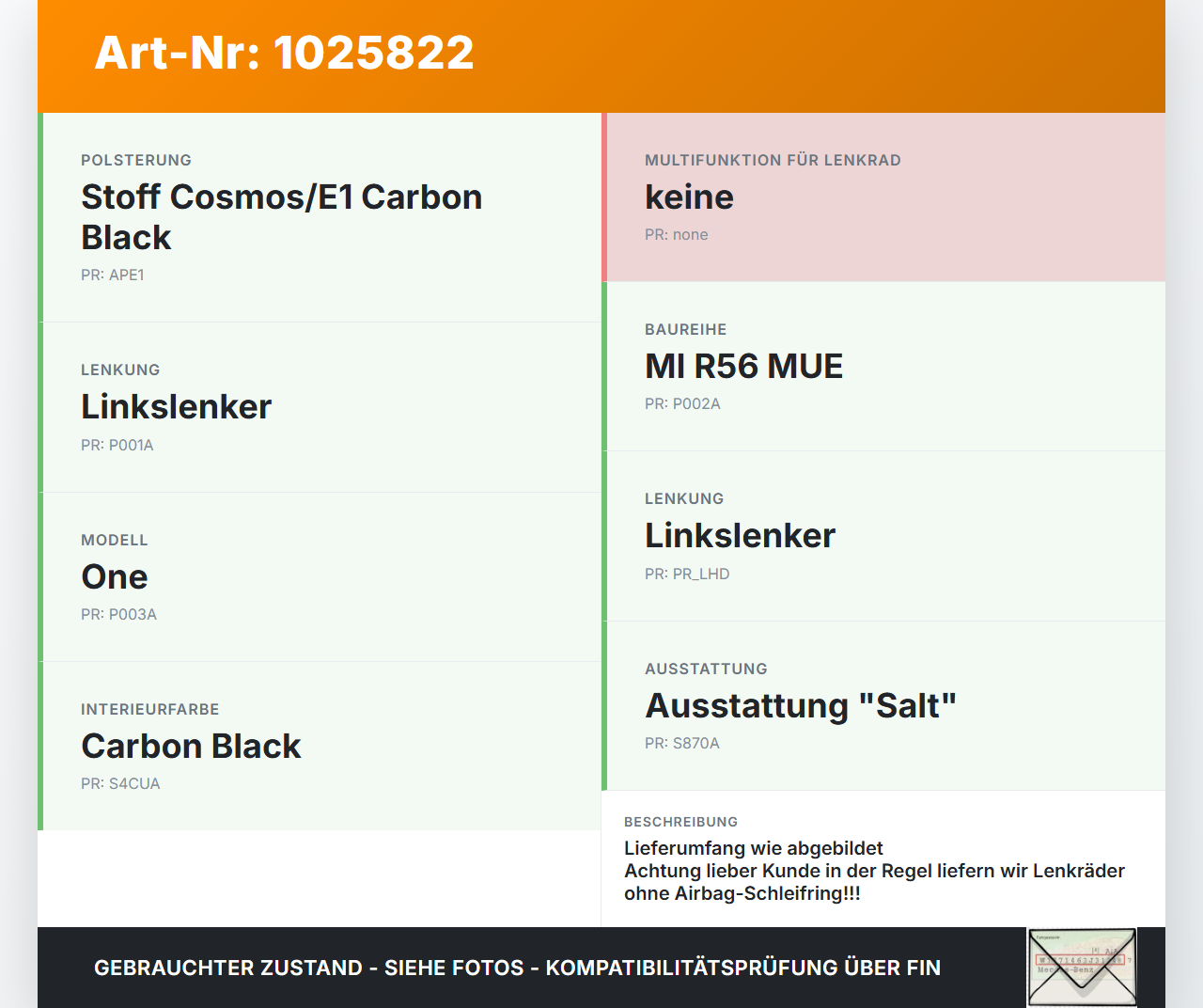 Mini One R56 LCI 13-16 Lenkrad Airbaglenkrad Mini One R56 LCI 13-16 24.09.2012 6791372 6791372-04 gebraucht Vorschau 3