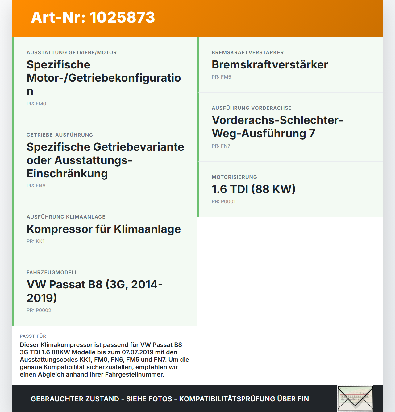 VW Passat B8 3G 14-19 TDI 1,6 88KW Klimakompressor Klima Kompressor VW Passat B8 3G 14-19 20.07.2015 5Q0820803G... Vorschau 3