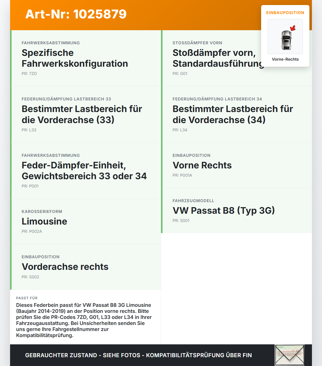 VW Passat B8 3G 14-19 Lim Stossdämpfer Federbein Vorne Rechts VW Passat B8 3G 14-19 20.07.2015 3Q0413031BN... Vorschau 3