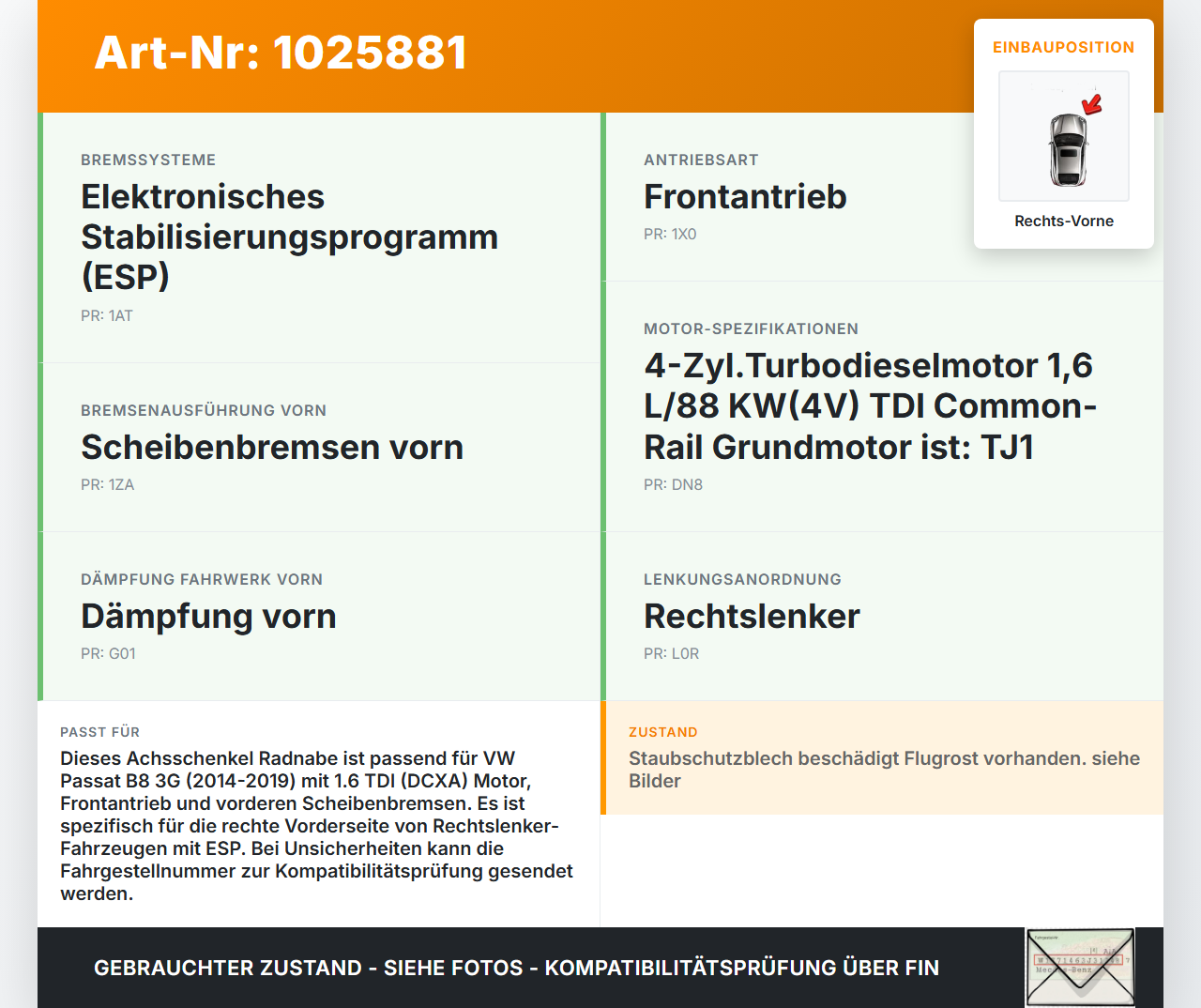 VW Passat B8 3G 14-19 TDI 1,6 88KW Achsschenkel Radnabe Rechts Vorne VW Passat B8 3G 14-19 20.07.2015 3Q0407258... Vorschau 3