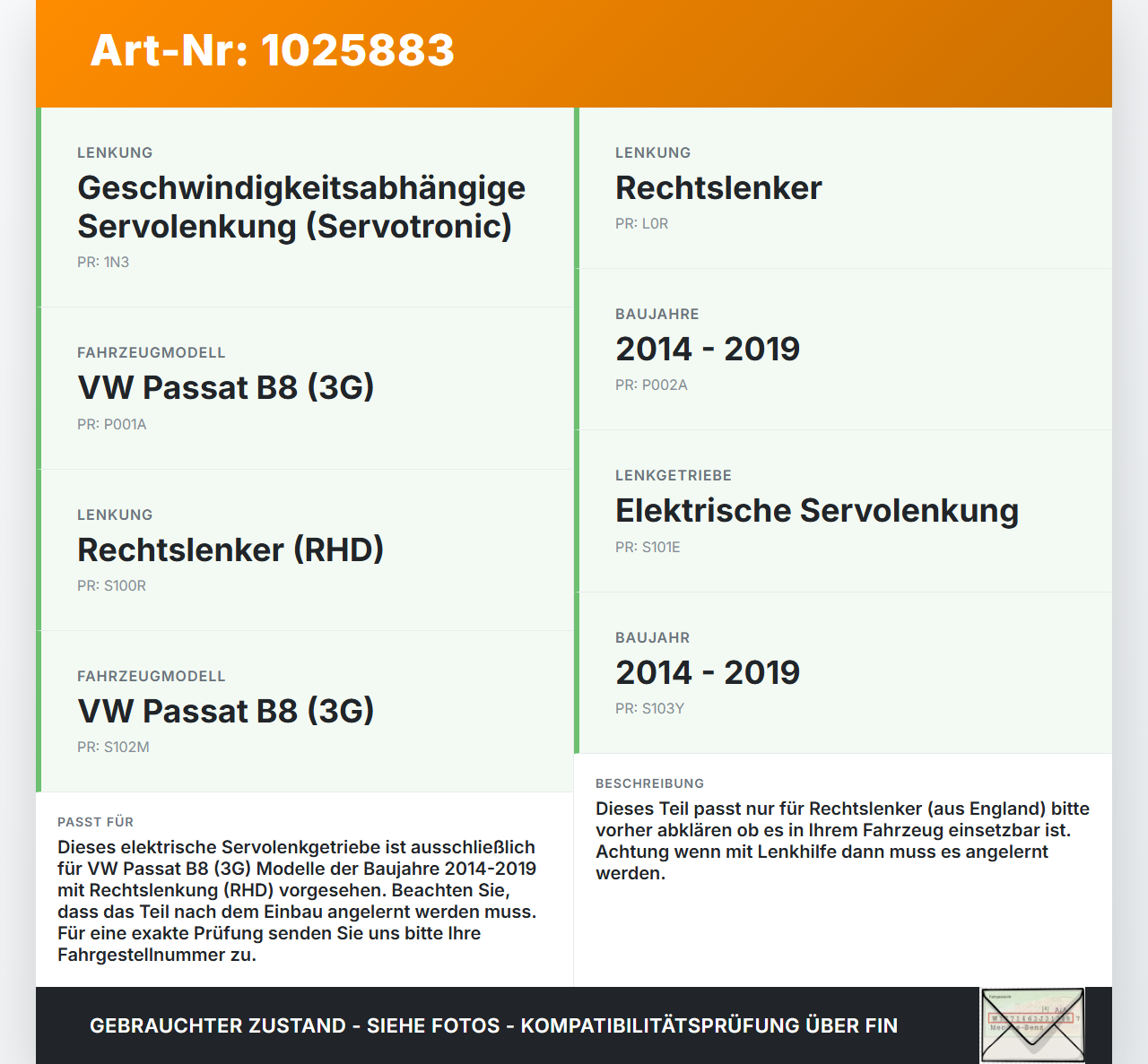 VW Passat B8 3G 14-19 RHD Lenkgetriebe Servolenkung elektrisch VW Passat B8 3G 14-19 20.07.2015 5Q0909144R... Vorschau 3