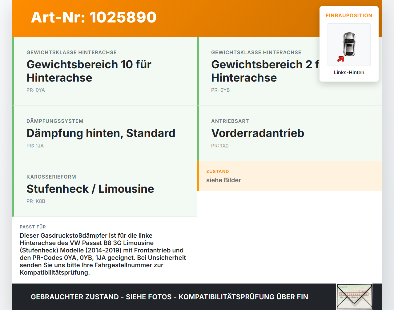 VW Passat B8 3G 14-19 Lim Stossdämpfer Links Hinten VW Passat B8 3G 14-19 20.07.2015 19-253428 gebraucht Vorschau 3