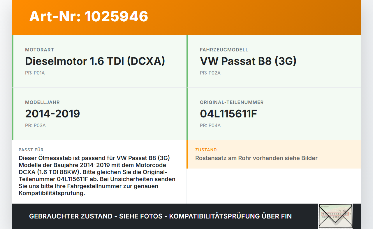 VW Passat B8 3G 14-19 TDI 1,6 88KW DCXA Ölmessstab Öl Stab VW Passat B8 3G 14-19 20.07.2015 04L115611F gebraucht Vorschau 3