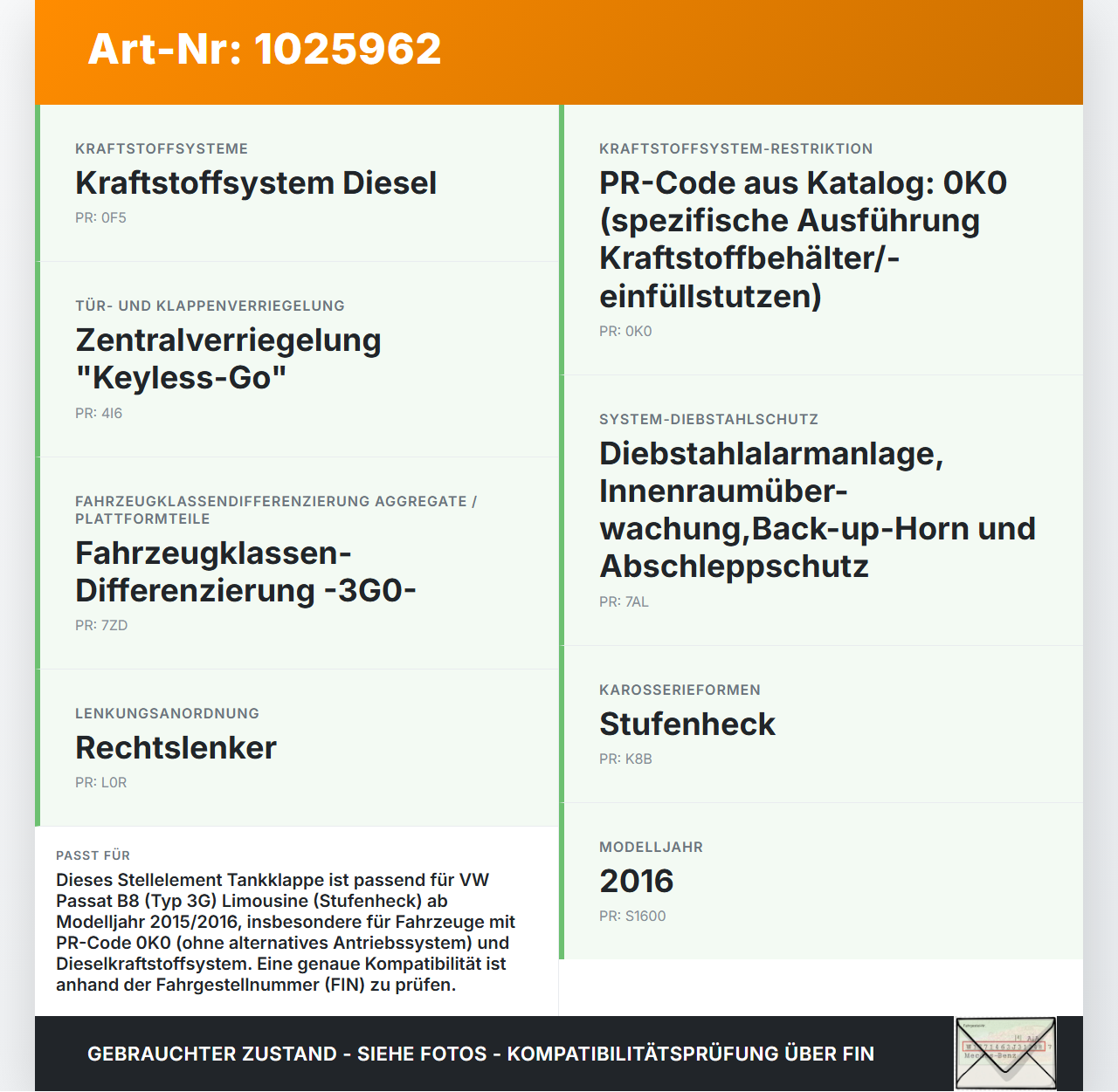 VW Passat B8 3G 14-19 Tankdeckel Stellmotor Tankklappenmotor VW Passat B8 3G 14-19 20.07.2015 510.810.773 gebraucht Vorschau 3