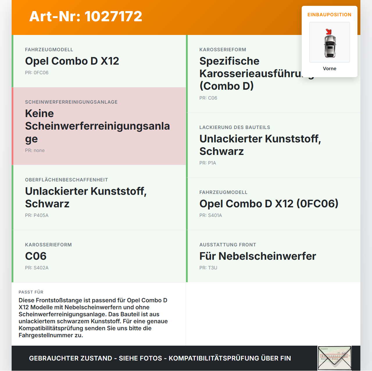 Opel Combo D X12 11-18 Stoßstange Stoßfänger Frontschürze Vorne GJM Opel Combo D X12 11-18 09.04.2018 95513002... Vorschau 3