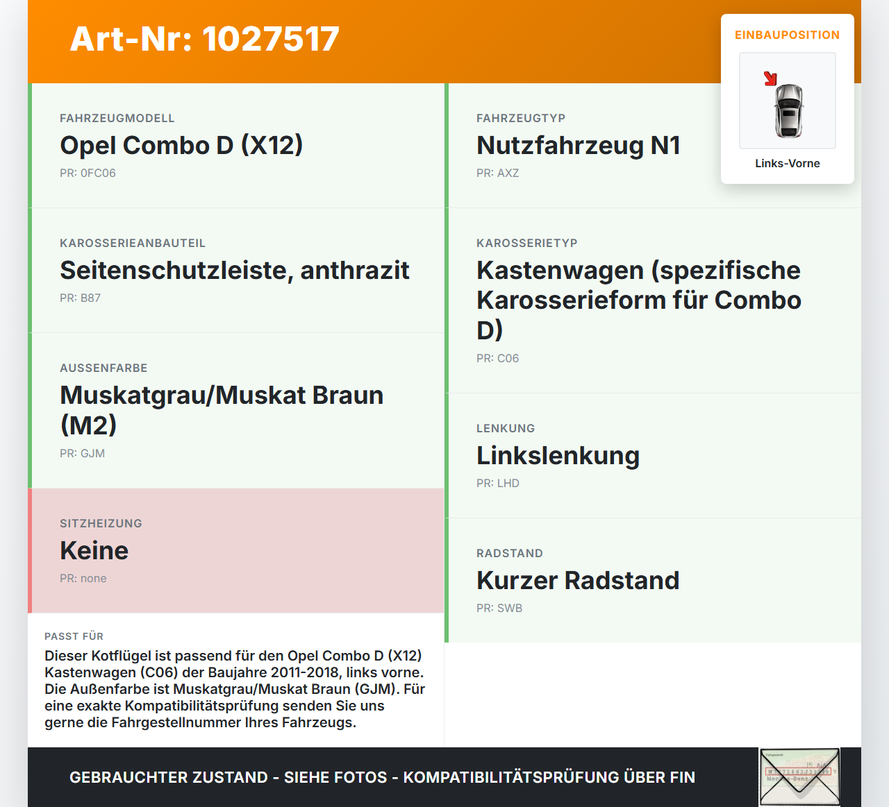 Opel Combo D X12 11-18 Kotflügel Links Vorne GJM Opel Combo D X12 11-18 09.04.2018 95509343 1100022 gebraucht Vorschau 3
