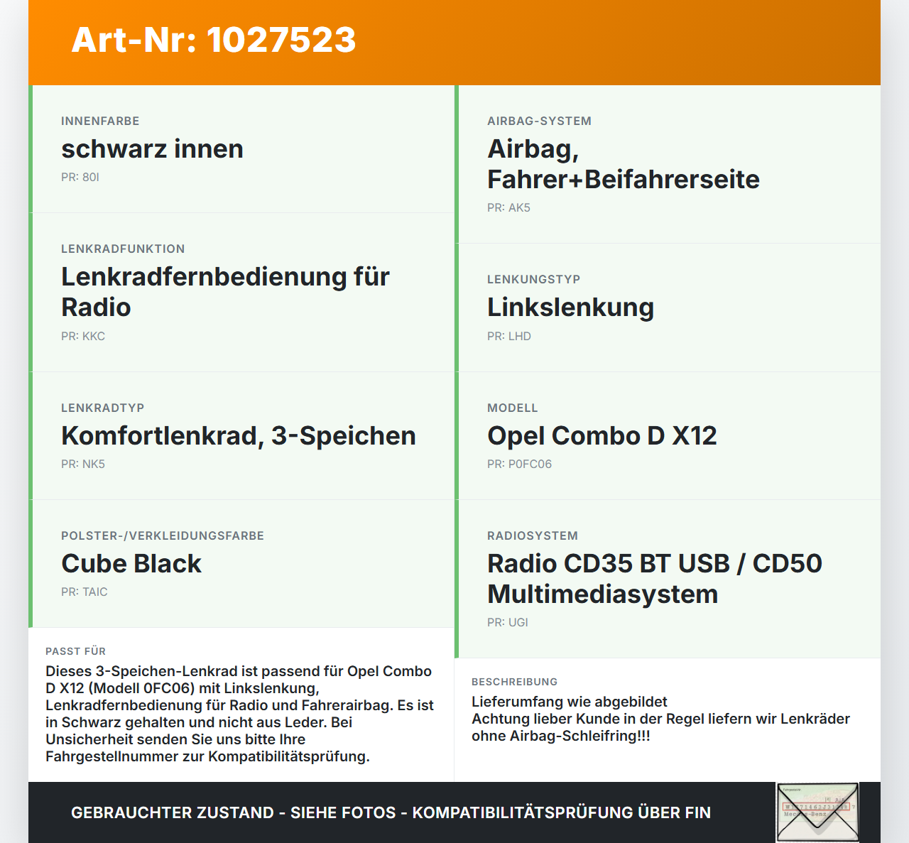 Opel Combo D X12 11-18 Lenkrad Airbaglenkrad 3 Speichen Opel Combo D X12 11-18 09.04.2018 34140830A 07355507000... Vorschau 3