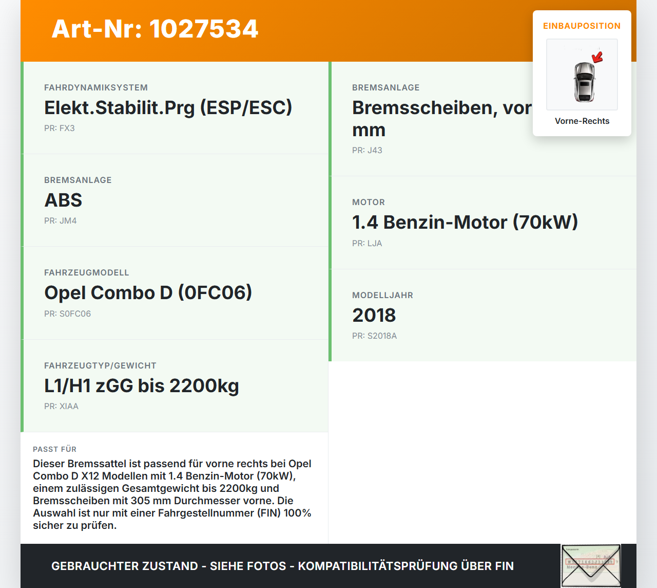 Opel Combo D X12 11-18 1,4 70KW Bremssattel Bremszange Vorne Rechts Opel Combo D X12 11-18 09.04.2018 95511370... Vorschau 3