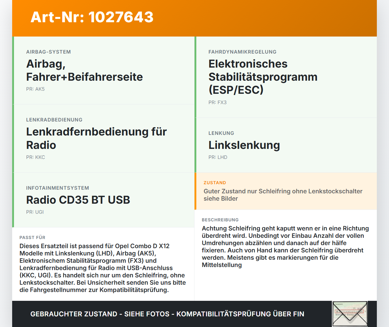 Opel Combo D X12 11-18 Airbag Schleifring Wickelfeder Opel Combo D X12 11-18 09.04.2018 95519147 1241839 gebraucht Vorschau 3
