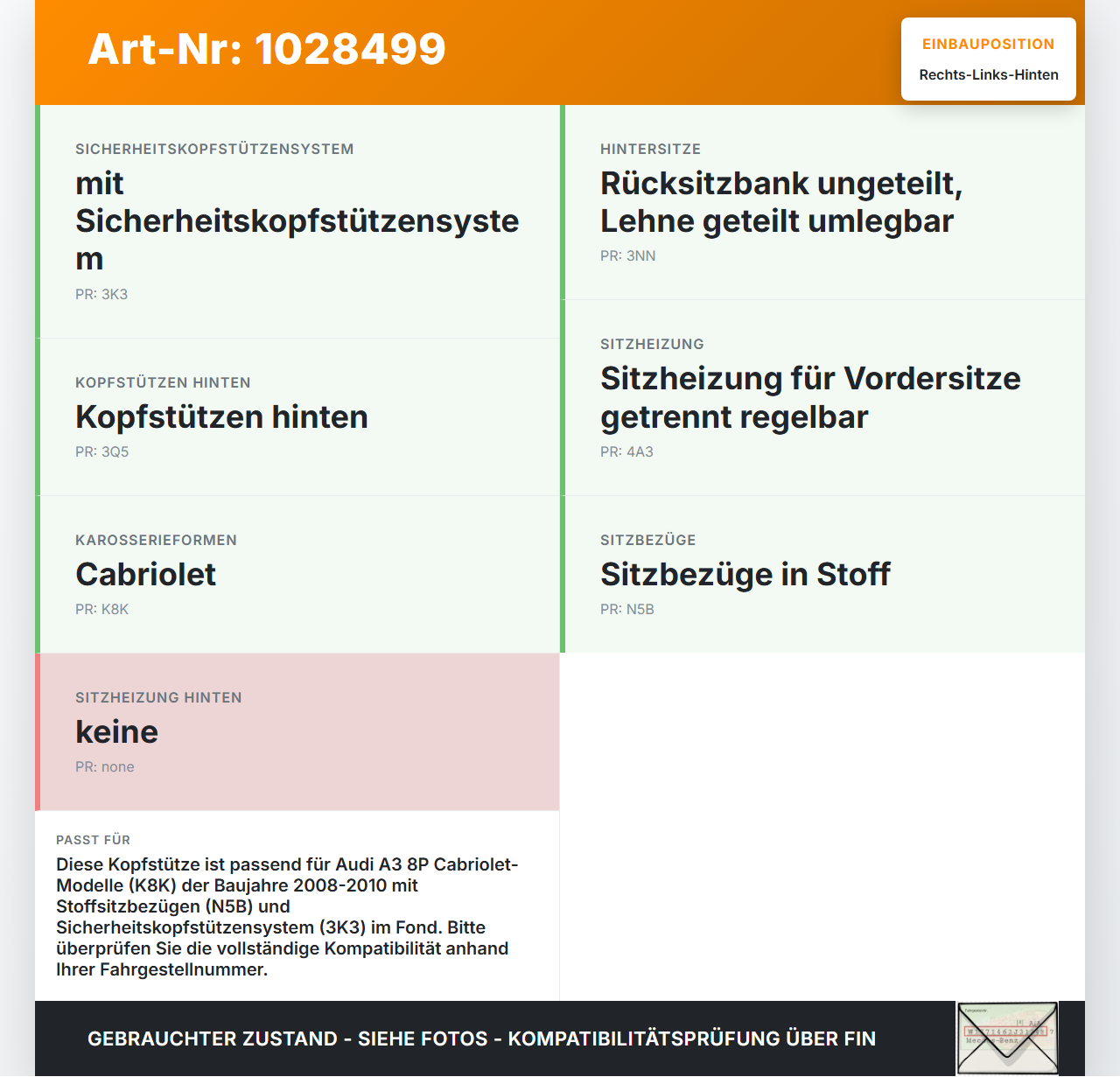 Audi A3 8P 08-10 Kopfstütze Rechts oder Links Hinten Audi A3 8P 08-10 27.04.2009 8P7885788G gebraucht Vorschau 3