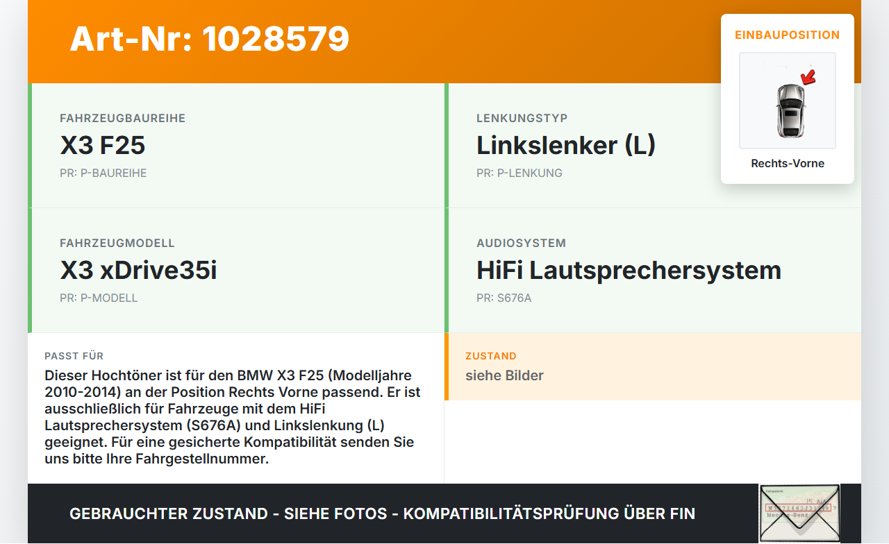 BMW X3 F25 10-14 Lautsprecher Hochtöner Rechts Vorne BMW X3 F25 10-14 30.03.2011 9220750 65.13-9220750-01 9220750... Vorschau 3