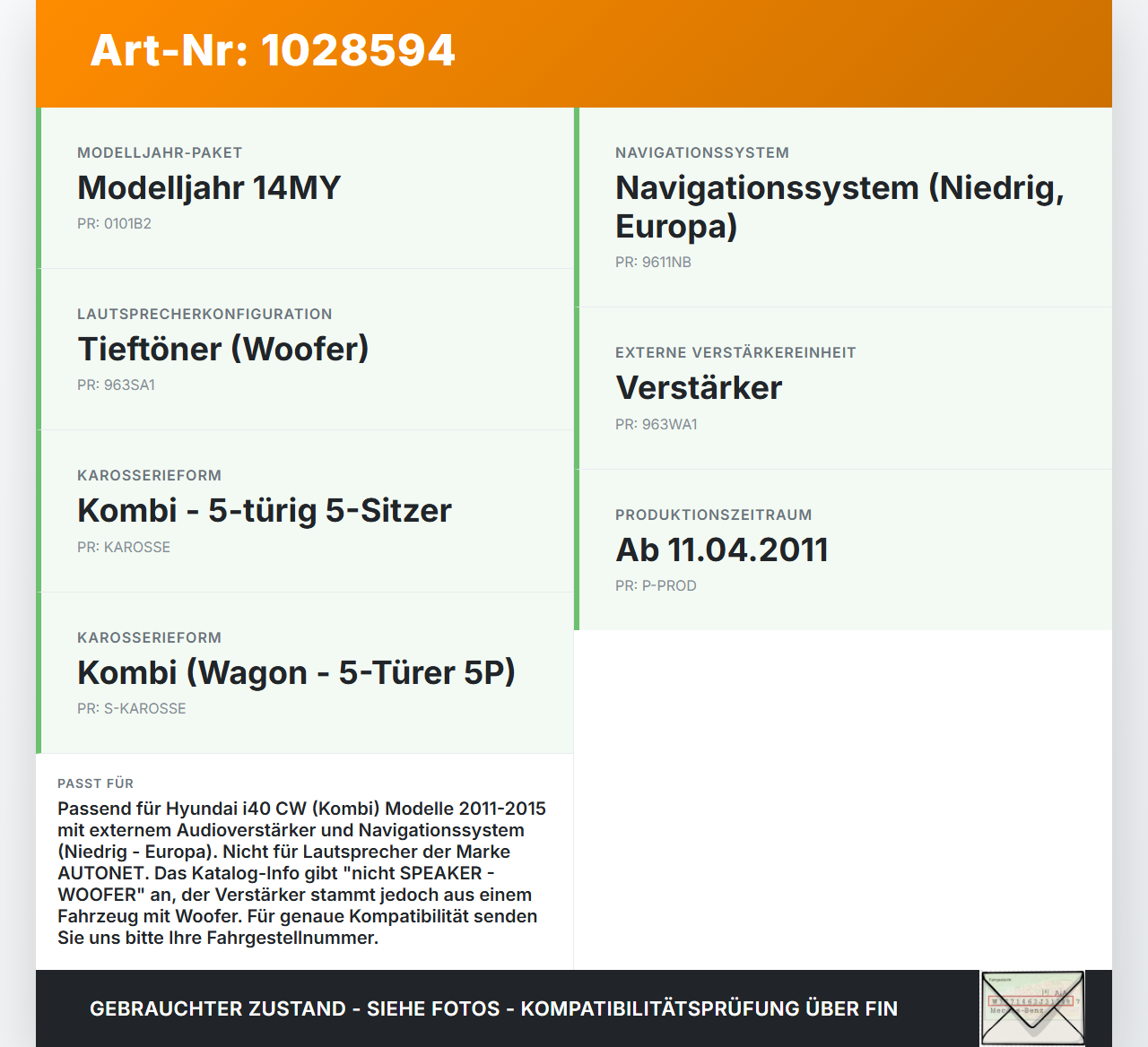 Hyundai I40 CW 11-15 Verstärker Endstufe Audio Soundsystem Hyundai I40 CW 11-15 11.12.2014 963703Z101 gebraucht Vorschau 3