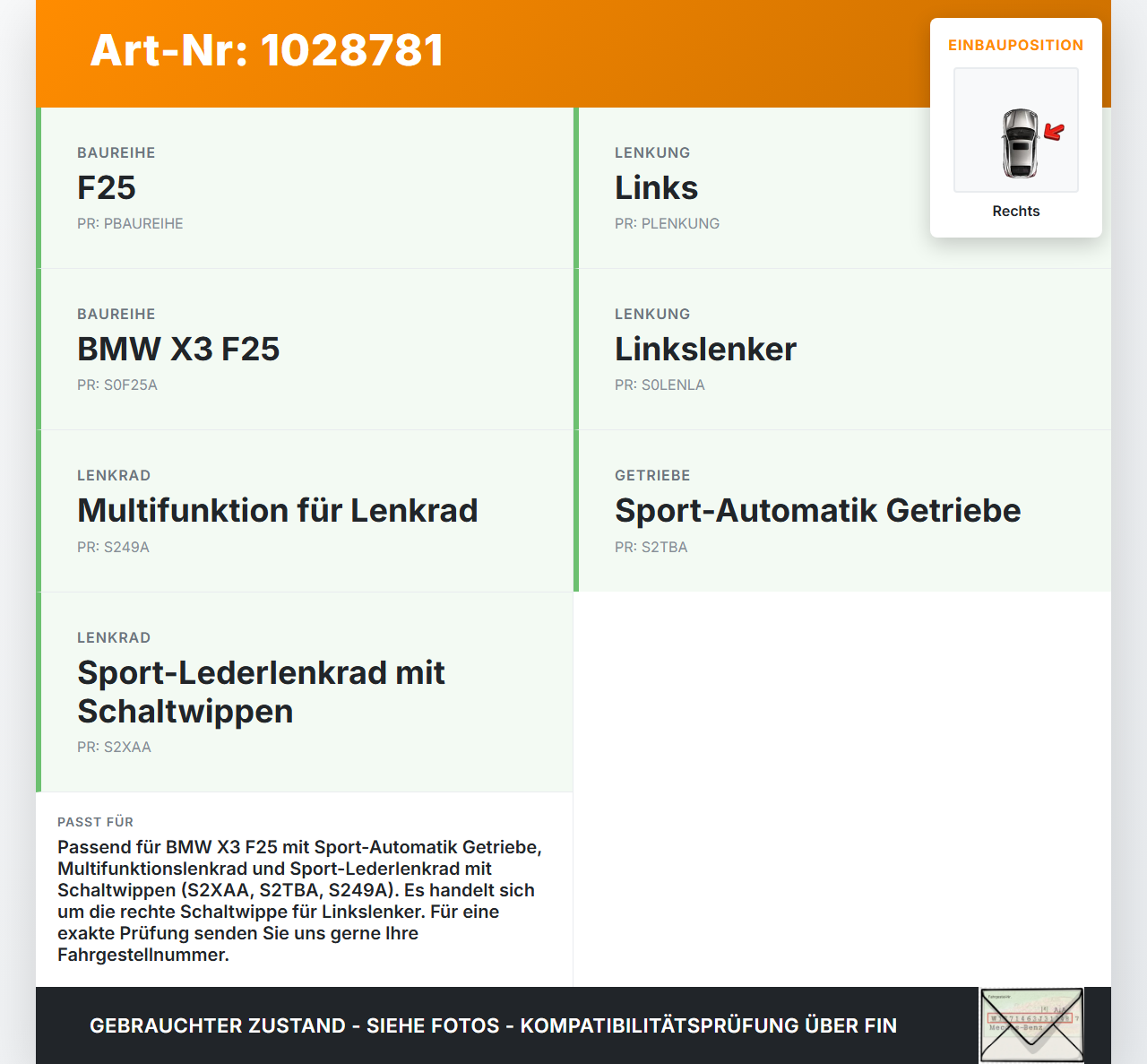BMW X3 F25 10-14 Schaltwippe Schalter Plus Lenkrad Rechts BMW X3 F25 10-14 30.03.2011 9242983 9242983-01 gebraucht Vorschau 3